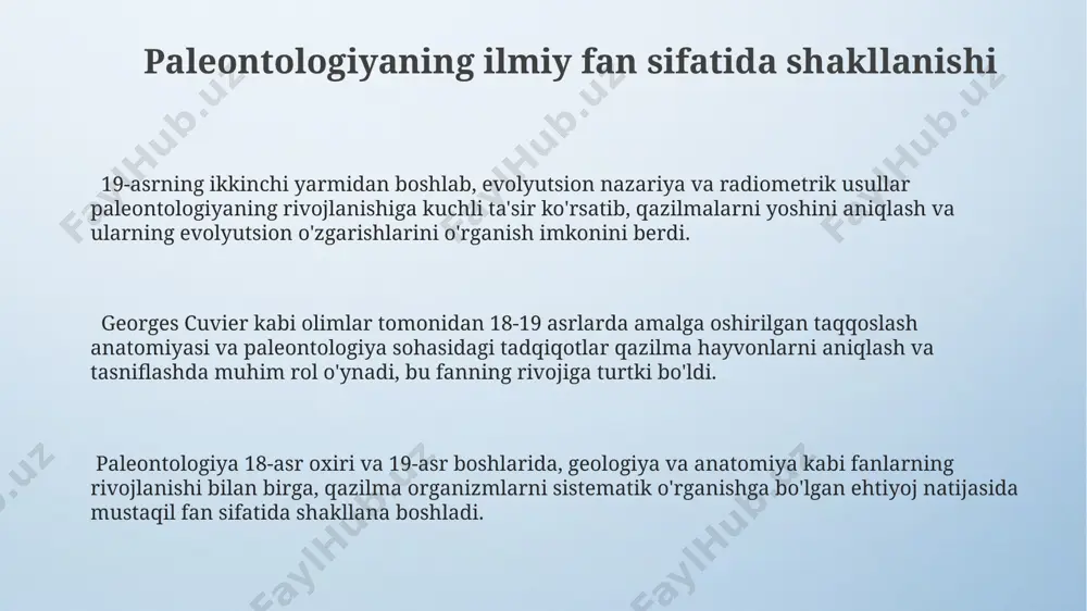 olimlarning komparativ anatomiya usullaridan foydalanishi 19-asr boshlarida fossillarni aniqroq tasniflash va ularning paleobiologik xususiyatlarini o'rganishga imkon berdi. paleontologiyaning zamonaviy rivojlanishi va istiqbollari paleontologiyada katta ma'lumotlar tahlili (big data) va sun'iy intellekt (ai) texnologiyalarining qo'llanilishi, 1000 dan ortiq qazilma namunalarini tahlil qilish va tasniflash samaradorligini sezilarli darajada oshirmoqda. molekulyar paleontologiya sohasining rivojlanishi, qadimgi organizmlarning dnk va oqsil izlarini tahlil qilish orqali, evolyutsiya jarayonini aniqroq tushunishga imkon beradi, taxminan 50% aniqlik bilan. hozirgi zamon paleontologiyasi, 3d-modellashtirish va virtual rekonstruksiya kabi zamonaviy texnologiyalar yordamida, yo'qolgan turlarni real vaqtda taqdim etish imkonini beradi, bu esa umumiy bilim darajasini oshiradi. umurtqasizlar paleontologiyasi umurtqasizlar paleontologiyasi 540 million yildan ortiq davom etgan paleozoy davridagi hayotning katta qismini, jumladan, trilobitlar, braxiopodlar va ammonitlar kabi ko'plab turlarning qazilma qoldiqlarini o'rganadi. umurtqasizlar paleontologiyasi, stratigrafiyada, ya'ni yer qatlamlarining yoshi va ketma-ketligini aniqlashda muhim rol o'ynaydi, chunki ko'plab umurtqasiz guruhlari ma'lum geologik davrlar uchun xarakterlidir. masalan, ordovik davri graptolitlari. taxminan 95% dan …