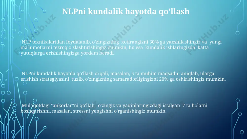 'ziga ishonchni kuchaytiradi. nlpdagi ankoring texnikasi yordamida 5 ta muvaffaqiyatli tajribangizni eslab, ularni hissiy jihatdan qayta boshdan kechirishingiz o'ziga ishonchni sezilarli darajada oshiradi. o'z-o'zini taklif qilish texnikasidan foydalanib, kuniga kamida 3 marta ijobiy tasdiqlarni takrorlash, o'zingizga bo'lgan ishonchingizni 15-20% ga oshirishga yordam beradi. e'tiboringiz uchun rahmat @taqdimot_robot image1.png image2.png image3.png image4.png image5.png