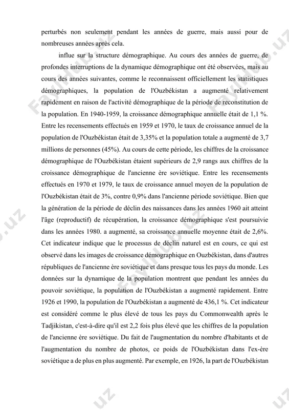 bliques de l'ancienne ère soviétique et dans presque tous les pays du monde. les données sur la dynamique de la population montrent que pendant les années du pouvoir soviétique, la population de l'ouzbékistan a augmenté rapidement. entre 1926 et 1990, la population de l'ouzbékistan a augmenté de 436,1 %. cet indicateur est considéré comme le plus élevé de tous les pays du commonwealth après le tadjikistan, c'est-à-dire qu'il est 2,2 fois plus élevé que les chiffres de la population de l'ancienne ère soviétique. du fait de l'augmentation du nombre d'habitants et de l'augmentation du nombre de photos, ce poids de l'ouzbékistan dans l'ex-ère soviétique a de plus en plus augmenté. par exemple, en 1926, la part de l'ouzbékistan dans la population de l'ancienne union était de 3,1 %, en 1940 de 3,4 %, en 1959 de 3,9 %, en 1970 de 4,9 % et en 1979 de 5,8 %. et …