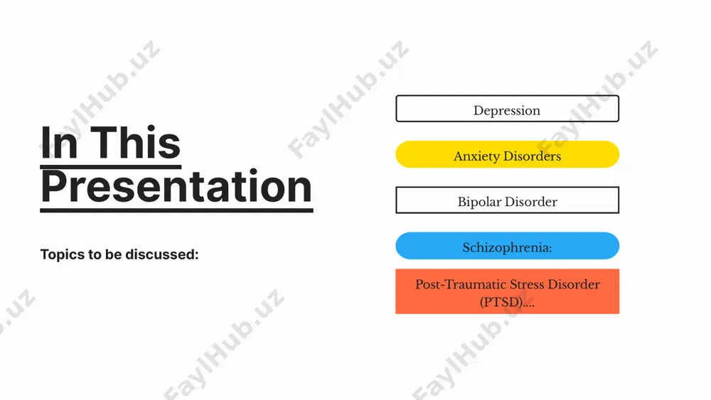 sh holatlari turlari: generalized anxiety disorder (gad) har kunlik masalalarda (ish, oila, sog’liq, moliya) ortiqcha xavotir. kontrol qiyinchiligi, fiziologik ko’rinish: notinchlik, holsizlik, muskul tortishishi, diqqat buzilishi panic disorder: sababsiz takroriy, kutilmagan qattiq qo’rquvlar. bir necha minotga cho’zilishi mumkin. qattiq yurak urishi, terlash, titroq, nafas qisishi, yelka og’rig’i, ko’ngil aynishi, bosh aylanishi, ko’ngilsiz voqea kutish social anxiety disorder (social phobia): ijtimoiy yoki harakatli mashg’ulotlardan qo’rqish holati. uyalib qolish, gap eshitish, dakki eshitish, tanqid eshitishdan haddan tashqari hadiksirash holatlari. shuning uchun ijtimoiy munosabatlardan butunlay chekinishga intilish. ayniqsa notanishlardan specific phobias: biron bir obyekt, holatdan haddan tashqari kuchli va irrotsional qo’rquv hissi obsessive-compulsive disorder (ocd): havotirga sabab bo’luvchi qaytalanuvchi, keraksiz o’yu-hayollar, tasavvurlar va impulslar (obsessiyalar) (unutib quyushdan, xato qilish, mikrob yuqtirish, yiqilishdan, yutqazishdan qo’rqish), qayta-qayta takrorlanib turuvchi xulq atvor va aqliy harakatlar (kompulsivalar) (qo’l yuvish, tekshirish, sanash, duo qilish) post-traumatic stress disorder (ptsd) biron bir voqeadan keyingi (urush, zo’rlash, ofatlar) travmalar ta’sirida shakllanuvchi …