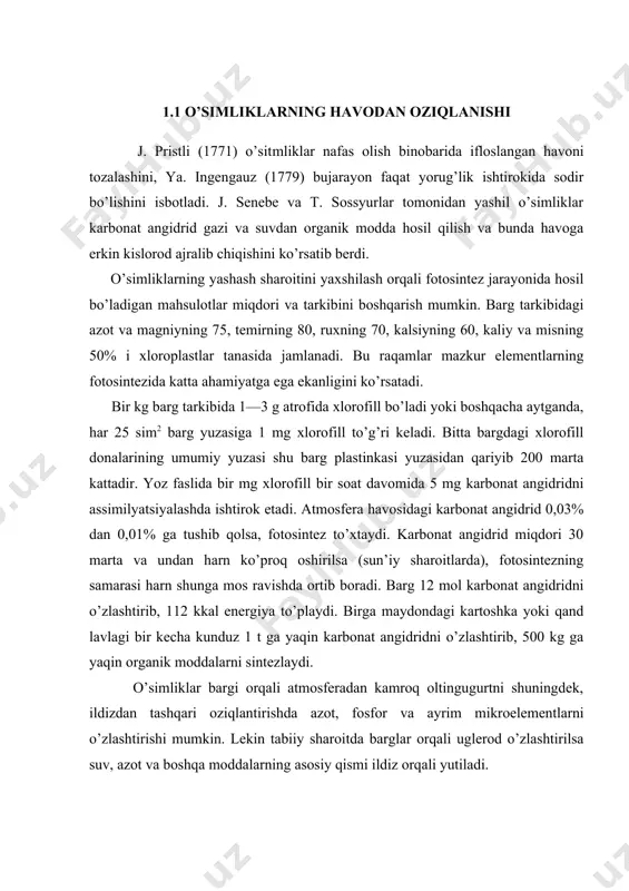 tlarni o’zlashtirishi mumkin. lekin tabiiy sharoitda barglar orqali uglerod o’zlashtirilsa suv, azot va boshqa moddalarning asosiy qismi ildiz orqali yutiladi. 1.2 o’simliklarning ildizdan oziqlanishi o’simliklarning ildizdan oziqlanishi mineral oziqlanish deb ham yuritiladi. bu tushuncha bir─biri bilan uzviy bogiangan quyidagi jarayonlarni o’z ichiga oladi.o’simliklarning ildiz tizimi tuproqning o’zlashtirishga layoqatli oziq moddalar zaxirasi to’plangan qatlamda rivojlanib (xemotropizm), o’z nordon ajratmalari bilan tuproq qattiq fazasiga ta’sir qiladi, singdirish kompleksi, tsk) tomonidan almashinib singdirilgan oziqa ionlarini eritmaga siqib chiqaradi va suvda qiyin eriydigan birikmalarni qisman eritadi. ildiz yuzasidagi bir qator fermentlar tuproqning mineral va organik moddalarini parchalash (gidroliz) da ishtirok etadi. ildiz tizimining faol yuzasi bilan muloqotda bo’ladigan tuproq eritmasi tarkibidagi ayrim tuzlar diffuziya yo’li bilan yutiladi. diffuziya va ionlarning almashinuvchan adsorbsiyasi natijasida hujayra qobig’i harmda protoplazma membranasiga surilgan tuzlar ildiz tukchalari tomonidan yutiladi. singdirilgan ionlar protoplazma ichida akkumulatsiyalanadi va ildizda ketadigan sintezlanish jarayonlarida ishtirok etadi. barg va ildizda sintezlanadigan organik moddalar o’zaro almashinadi. …