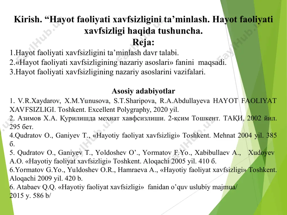 ilmiy texnik rivojlanish hayot faoliyat xavfsizligiga bog'liq bo‘lgan yangi muammolarni keltirib chiqaradi. bu masaialarni hal etish ilmiy tadqiqot natijalari va chuqur bilimga ega bo‘lishni taqozo qiladi. tadqiqot natijalari sanitariya va qurilish normalarida, aktlar, qoidalar xavfsizlik me’yorlari, qonunlashtirilgan va boshqa materiallarda bayon etilgan. xalq xo‘jaligini texnik jihatdan takomillashtirish, mexamzatsiyalashtirish, avtomatlashtirish, kompyuterlar bilan ta’minlash, yangi turdagi energiyalardan foydalanish, qishloq xo'jaligini kimyoviy mineral o'g’itlar bilan ta’minlash va boshqa mehnat tizimida ham sifat ko‘rsatkichlarini yuqori bo‘lishini ta’minlash kerak. inson mehnat faoliyati jarayonida salomatlikka yomon ta’sir ko‘rsatadigan faktorlarga duch keladi, ushbu faktorlarni insonga ta’sir darajasini baholash maqsadida chegaradagi ruxsat etilgan daraja yoki aralashma tushunchasi kiritilgan. bu daraja miqdori yuqori bo‘lsa, odam organizmida xavfli faoliyat vujudga keladi va kasb kasalligiga uchraydi. * 13 hayot faoliyati xavfsizligi negizini uchta mustaqil fan tashkil qiladi: mehnatni muhofaza qilish (ishlab chiqarish sanitariyasi, xavfsizlik texnikasi, mehnat qonuniyatlari, yong‘in xavfsizligi) va fuqarolar mudofasi (favqulodda holatlar) fanlari. aholi va hududlarni favqulodda vaziyatlardan muhofaza …