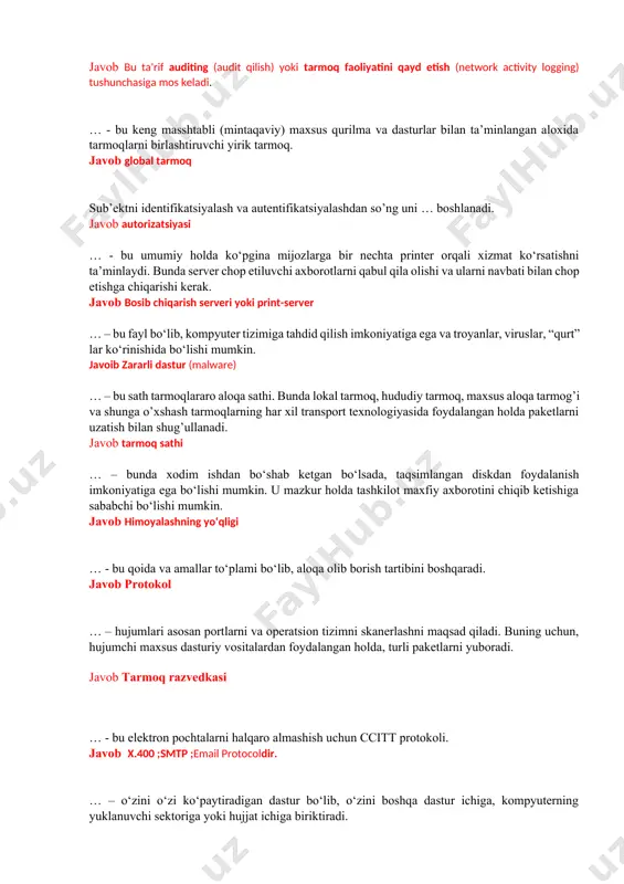 foydalanuvchining tarmoqdagi harakatini, shu jumladan, uning resurslardan foydalanishga urinishini qayd etish. ushbu hisobot axboroti xavfsizlik nuqtai nazaridan tarmoqdagi xavfsizlik xodisalarini oshkor qilish, taxlillash va ularga mos reaktsiya ko’rsatish uchun juda muhimdir. javob bu ta'rif auditing (audit qilish) yoki tarmoq faoliyatini qayd etish (network activity logging) tushunchasiga mos keladi. … - bu keng masshtabli (mintaqaviy) maxsus qurilma va dasturlar bilan ta’minlangan aloxida tarmoqlarni birlashtiruvchi yirik tarmoq. javob global tarmoq sub’ektni identifikatsiyalash va autentifikatsiyalashdan so’ng uni … boshlanadi. javob autorizatsiyasi … - bu umumiy holda ko‘pgina mijozlarga bir nechta printer orqali xizmat ko‘rsatishni ta’minlaydi. bunda server chop etiluvchi axborotlarni qabul qila olishi va ularni navbati bilan chop etishga chiqarishi kerak. javob bosib chiqarish serveri yoki print-server … – bu fayl bo‘lib, kompyuter tizimiga tahdid qilish imkoniyatiga ega va troyanlar, viruslar, “qurt” lar ko‘rinishida bo‘lishi mumkin. javoib zararli dastur (malware) … – bu sath tarmoqlararo aloqa sathi. bunda lokal tarmoq, hududiy tarmoq, maxsus …