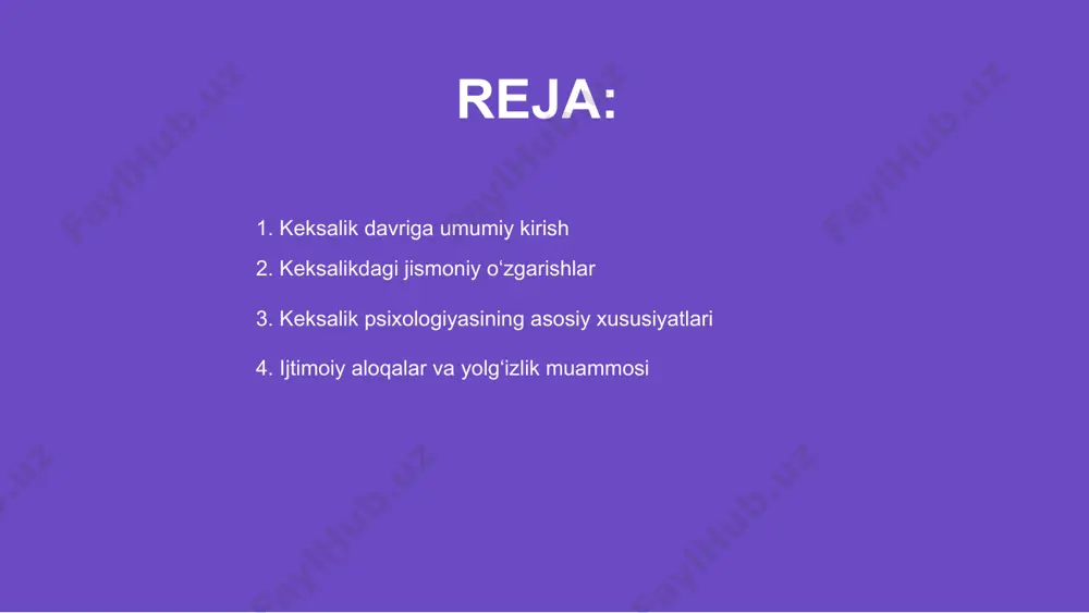 i psixologik holatga ta’sir qilib, depressiya va ruhiy siquv keltiradi, bu esa keksalikda sihatga jiddiy putur yetkazishi mumkin. ijtimoiy aloqalar va yolg‘izlik muammosi 01 keksalik davrida inson organizmida jismoniy va psixologik o'zgarishlar sodir bo'ladi. ushbu o'zgarishlar keksa kishilarda ruhiy tushkunlikni keltiradi. 02 doimiy e'tibor yetishmasligi, yolg'izlik va sog'liq muammolari keksalarda stress va depressiyani kuchaytiradi. bu holatlar ruhiy salomatlikka salbiy ta'sir qiladi. 03 keksalarni qo'llab-quvvatlash, doimiy suhbat va faoliyatlarda qatnashishini ta'minlash orqali ularning psixologik holatini yaxshilash mumkin bo'ladi va zarurdir. keksalarda depressiya va stress keksalik davri inson hayotining muhim bosqichi bo‘lib, unda hayotiy tajriba va orttirilgan donolik eng asosiy qadriyatlardan biri hisoblanadi. keksa odamlar jamiyatga o‘zlarining ko‘p yillik tajribalari bilan foyda keltiradi, yosh avlodga yo‘l-yo‘riq ko‘rsatishda muhim rol o‘ynaydi. hayotiy tajriba va donolikning ahamiyati donolik bu nafaqat bilim, balki hayotda o‘rgangan saboqlar asosida to‘g‘ri qaror qabul qilish qobiliyati sifatida ham ahamiyatlidir. 01 keksalik davrida motivatsiya hayotiy maqsadlarni saqlab qolish, farzandlar va …