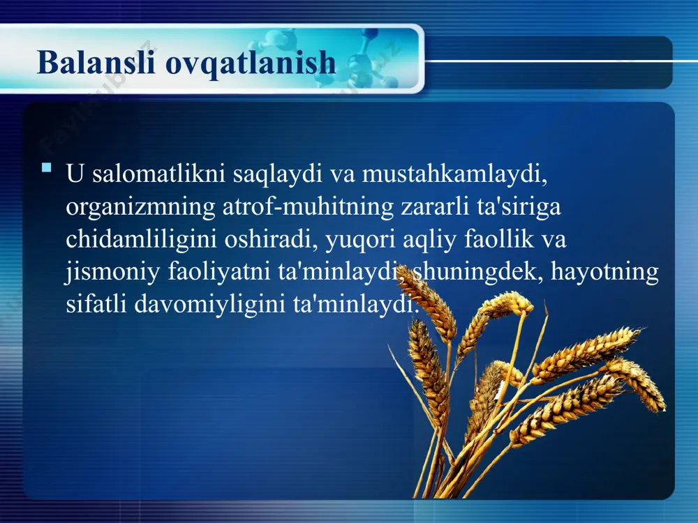 qligi, qon, plazma va suyaklarning ajralmas qismidir suv inson tanasining taxminan 70% suvdan iborat. suv etishmasligi bilan ovqat hazm qilish va hujayra metabolizmi buziladi. shuning uchun tanadagi suv muvozanatini saqlash sportchining sog'lig'i va jismoniy ko'rsatkichlarini saqlashning asosiy shartlaridan biri hisoblanadi. sportchilarning kunlik suv miqdori 2,0-3,0 litrni tashkil qiladi (jismoniy faolligiga qarab). suvsizlanishning sportchi-sportchilarning ishlash ko'rsatkichlariga ta'siri indeks o'zgarishlar indeks o'zgarishlar kuch ko'rsatkichlari reaktsiya vaqti ≈ yurak > chidamlilik terlash jismoniy mashqlar paytida suyuqlikni to'ldirish parametrlari suyuqlikni to'ldirish imkoniyatlari sportchining tana vazni, kg 50 60 70 80 90 suyuqlik miqdori, ml/soat 600 720 840 960 1080 har 15 daqiqada talab qilinadigan suyuqlik hajmi, ml 150 180 210 240 270 sportchilar uchun 10 ta sog'lom ovqatlanish tamoyillari 1. turli xil ovqat 2. yangi sabzavot va mevalarga kunlik ehtiyoj - 450-500 g 3. non mahsulotlari (350-400 g), kepakli un mahsulotlari (70 g), don (60-90 g) va kartoshka (180-220 g) - kunlik iste'mol normasi. …