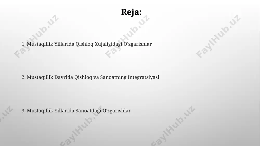 ning roli 1960-yillar davomida paxtachilikda kimyoviy oʻgʻitlarning keng qoʻllanilishi hosildorlikni oshirgan bo'lsa-da, ekologik muammolarni ham keltirib chiqargan. qishloq xoʻjaligida traktorlar sonining 1991 yildan keyin 2 barobarga kamaygani, bu esa hosildorlikka salbiy taʼsir koʻrsatganini koʻrsatadi. yengil sanoatning rivojlanishi 90-yillardan boshlab yengil sanoatda xususiylashtirish jarayoni boshlanib, kichik va o'rta biznes korxonalarining soni 5 barobar oshdi, raqobat muhitini shakllantirdi. yengil sanoatda paxta tozalash zavodlari soni mustaqillik yillarida 100 dan ortiqqa yetdi, bu esa xomashyo qayta ishlash hajmining sezilarli darajada oshishiga olib keldi. mustaqillik yillarida qishloq xo'jaligining o'zgarishi mustaqillik yillarida paxtachilikdan boshqa ekinlarning yetishtirilishi sezilarli darajada oshdi, masalan, g'alla yetishtirish 20% ga ko'paydi. davlat tomonidan qishloq xo'jaligini qo'llab-quvvatlash uchun 1500 dan ortiq zamonaviy texnika va 3000 dan ortiq irrigatsiya inshootlari ta'mirlandi yoki yangidan qurildi. chorvachilikning zamonaviylashuvi chorvachilikda intensiv usullarni qo'llash 20% ga hosildorlikni oshirdi, bu esa yem xarajatlarini samarali boshqarish va zamonaviy texnologiyalarni joriy etish natijasidir. genetika tanlash orqali sut va go'sht mahsulotlarining sifati …