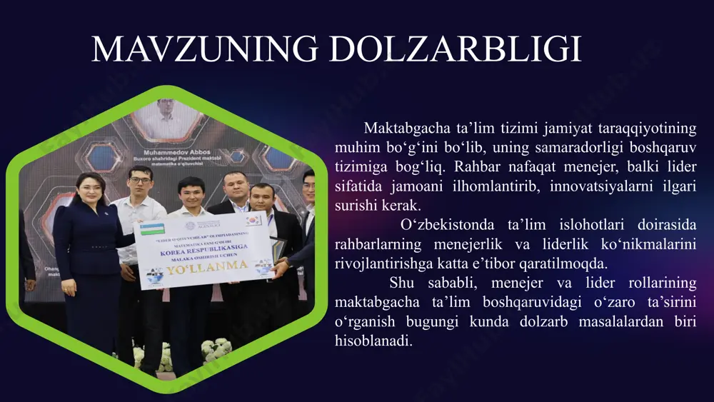 i sohasida davlat boshqaruvi tizimini takomillashtirish chora-tadbirlari to‘g‘risida"gi farmoni maktabgacha ta’lim tashkilotlari rahbarlarini tayyorlash va boshqaruv ko‘nikmalarini oshirishga qaratilgan. maktabgacha va maktab ta’limi tizimida davlat boshqaruvini yaxshilash, rahbar kadrlarning menejerlik va liderlik ko‘nikmalarini rivojlantirishga qaratilgan. 4 o‘zbekiston respublikasining "maktabgacha ta’lim to‘g‘risida"gi qonuni 2019-yil 16-dekabr maktabgacha ta’lim tizimini tashkil etish, boshqarish va rivojlantirish bilan bog‘liq munosabatlarni tartibga soladi. 7 aqshda djon maksvell va brene braun kabi mualliflar rahbarlik samaradorligini jamoa ichida ishonch va hamkorliklashuvni rivojlantirish orqali yuksaltirishga e’tibor qaratishadi. ularning ta’rificha, yaxshi liderlar "nima uchun" savoliga aniq javob berishlari va jamoa a’zolarini o‘z maqsadlari bilan birlashtirishi kerak. direktordan - menejerlik va liderlik qobiliyatlari talab etiladi. yaponiyada "servant-ohir" (servant leadership) usuli keng tarqalgan. bu o‘ta sohali yondashuv bo‘lib, unda rahbarlar xizmat qilishni o‘z vazifalari sifatida qabul qilishadi. ushbu konsepsiya jamoa a’zolarining ehtiyojlarini birinchi o‘ringa qo‘yadi va ularni rivojlantirishga yordam beradi. kanadada, xususan, inklyuziv liderlik konsepsiyasi muhim ahamiyatga ega. bunda barcha odamlarning fikrlari …