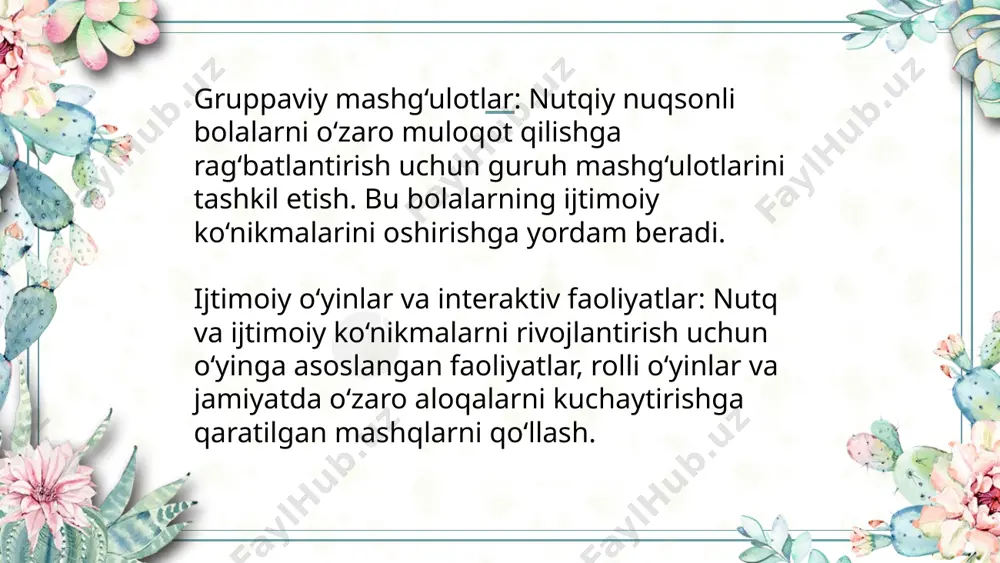 ilardan iborat: 1. nutqni baholash va tahlil qilish: nutqiy muammolarni aniqlash uchun logopedik baholash va diagnostika o‘tkazish zarur. bu jarayon bolaga moslashtirilgan reja tuzishda yordam beradi. xulosa: og‘ir nutqiy nuqsonli bolalar bilan ishlashda asosiy maqsad, bolalarning nutq rivojlanishini qo‘llab-quvvatlash va nutqiy muammolarni bartaraf etishdir. bu bolalar bilan samarali ishlash uchun muhim bosqichlar quyidagilardan iborat: 1. nutqni baholash va tahlil qilish: nutqiy muammolarni aniqlash uchun logopedik baholash va diagnostika o‘tkazish zarur. bu jarayon bolaga moslashtirilgan reja tuzishda yordam beradi. artikulyatsiya va ovoz chiqarish mashqlari: tovushlarni to‘g‘ri chiqarish, so‘zlarni aniq aytish bolaning nutqiy rivojlanishida muhim o‘rin tutadi. bu mashqlar orqali bola nutqning aniq va tushunarli bo‘lishini ta'minlash mumkin. 3. so‘z boyligini rivojlantirish: yangi so‘zlar o‘rgatish va ularni amaliyotda qo‘llash, bolaga nutqini boyitish va ijtimoiy kommunikatsiya ko‘nikmalarini rivojlantirishga yordam beradi. 4. nutqni tushunish va kommunikatsiya: nutqni tushunish ko‘nikmalarini rivojlantirish, bolaning o‘z fikrini ifodalash qobiliyatini oshiradi. nutqning tushunarli bo‘lishi va savol-javob mashqlari, uning muloqotda …