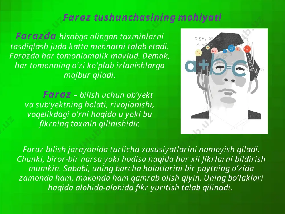 sodifiylik, intuitsiya xususiyatlari mujassamlashsa, u yaxshi natija beradi. farazlar ilmiy bilishda turlicha xususiyatlarni bajarar ekan, ular bir-biridan farq qiladi. farazlar ham falsafiy xususiyatga ega bo’lganligi uchun, har bir fanda xususiylik, umumiylik, eng umumiylik xislatlarini namoyon qiladi. demak, fanda: a) xususiy farazlar b) umumiy farazlar v) falsafiy farazlar bo‘lishi mumkin. farazlar qilish namoyon bo’ladigan narsa va hodisalardagi o’zining hajmi va tizimi, holatiga qarab ham farqlanadi. ko’zga ko’rinmaydigan faraz ob’yektlari, yirik ob’yektlar farazlari, o’ta yirik faraz ob’yektlari, metagallaktika haqidagi farazlar va boshqalar. nazariya tuzishda gipotetik-deduktiv usul bu usul ham ijodiy jarayonda qo’llaniladi. tanlangan narsa yoki hodisani, aniqrog’i muammoni ilmiy dalillar va ular asosida erishilgan natija yordamida, ilmiy farazni shakllantirish uchun ijodkor, mantiqdagi abduktiv (lotincha abducere – o’tkazish) deb nomlangan tafakkur yuritish tizimiga binoan harakat qiladi. “abduksiya” ilmiy bilishni kuzatilayotgan faktlardan ularni tavsiflovchi va tushuntiruvchi gipoteza (farazlar)lar orqali yangi bilimni kashf etishga o’tkazadi. farazni o’rtaga qo’yish, tajribaviy dalillarni tushuntirish imkonini beradi. farazdan alohida …