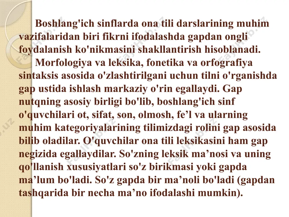 iyiko‘t va boshqa o‘simliklar o‘sadi bu o‘simliklarni dorivor o‘simliklar deyishadi dorivor o‘simliklar inson hayotida katta ahamiyatga ega ular yig‘ilib, dori-darmon tayyorlash korxonasiga topshiriladi. “gap” bo‘limiga oid qoidalar va mashqlar tizimi: gap tugallangan fikrni bildiradi. yozuvda har bir gapning birinchi so‘zi bosh harf bilan boshlanadi, oxiriga tinish belgi qo‘yiladi. har bir gapni fikr tugashiga qarab, ovoz bilan ajratib o‘qing. erksevar xalqlar so‘zi dunyodagi erksevar xalqlar bir so‘zni sevinib aytadilar. bu tinchlik so‘zidir! bu so‘z turli tillarda turlicha yangraydi. odamlar bu soz‘ni barala aytadilar. xalqlar tinch, baxtiyor yashashni istaydilar! matnni o‘qing, har bir gapning boshlanishi va oxirini ovoz bilan ajratib o‘qing. biz do‘stlikni ulug‘laymiz do‘stlikda katta hikmat bor do‘stlik kishilarni bir-biriga yaqinlashtiradi vatan obodligi, tinchlikning barqarorligi do‘stlik bilan bog‘liqdir biror narsa-voqea haqida xabarni bildirgan gap darak gap deyiladi. darak gap oxirida ovoz pasayadi. darak gapning oxiriga nuqta (.) qo‘yiladi. bir-biringizdan biror narsa haqida so‘rang. bunda siz qanday gaplardan foydalandingiz? savollarga javob bering. …