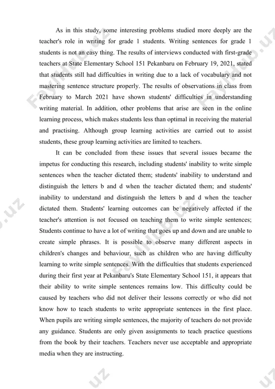 actising. although group learning activities are carried out to assist students, these group learning activities are limited to teachers. it can be concluded from these issues that several issues became the impetus for conducting this research, including students' inability to write simple sentences when the teacher dictated them; students' inability to understand and distinguish the letters b and d when the teacher dictated them; and students' inability to understand and distinguish the letters b and d when the teacher dictated them. students' learning outcomes can be negatively affected if the teacher's attention is not focused on teaching them to write simple sentences; students continue to have a lot of writing that goes up and down and are unable to create simple phrases. it is possible to observe many different aspects in children's changes and behaviour, such as children who are having difficulty learning to write simple sentences. with the difficulties …