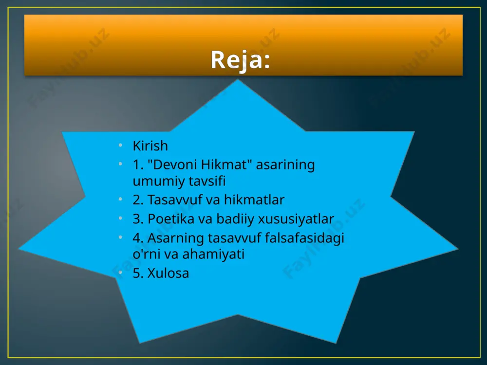 y o'z hikmatlarida insonning ichki dunyosini tozalash, o'zini anglash va haqiqiy bilimga erishish g'oyalarini ilgari suradi. 2. tasavvuf va hikmatlar tasavvuf, insonning ruhiy, ma'naviy rivojlanishi uchun zarur bo'lgan bir yo'l sifatida, "devoni hikmat"da o'zining eng yaxshi ifodasini topgan. yassaviy o'z asarida tasavvufning qoidalari va tamoyillarini o'rgatadi. uning fikriga ko'ra, haqiqiy bilim, allohning ilmi va hikmati orqali keladi, va inson faqatgina ichki poklikni topish orqali haqiqiy bilimga erishishi mumkin. n. komilov va h. boltaboyev tomonidan tasavvuf nazariyasiga oid fikrlar, yassaviy asarida aks etgan tasavvufiy g'oyalarni tushunishda yordam beradi. komilovning tasavvuf haqida yozgan asarlarida, tasavvufning nafaqat diniy, balki insonni ichki poklikka va haqiqatni izlashga undovchi falsafiy jihatlari haqida so'z boradi. "devoni hikmat"da ham tasavvufning eng asosiy g'oyalari, yani ruhiy poklanish, ixlos va samimiyat keltirilgan. 3. poetika va badiiy xususiyatlar "devoni hikmat" asarining badiiy va poetik jihatlari uning tasavvufiy g'oyalarini yanada chuqurlashtiradi. hamidulla boltaboyevning sharq mumtoz poetikasiga oid fikrlariga tayanib, yassaviy she'riyatining poetik …