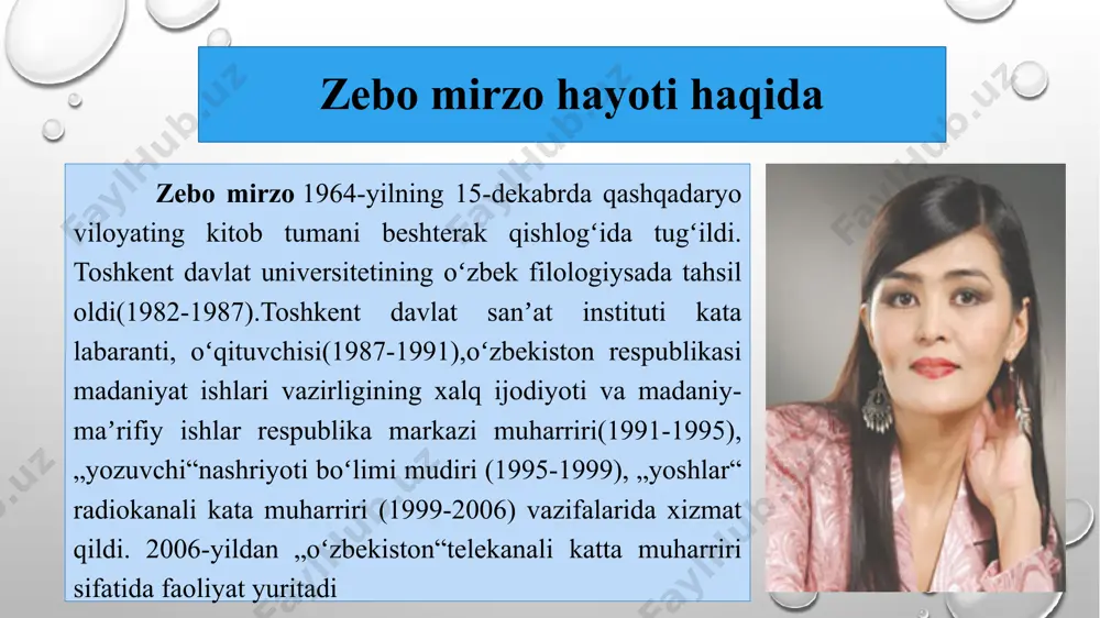 o’ksida mahfuz giyohlardek uyg’onsam… isming xush bo’ylari to’kilsa, ruhing titrog’ida oqsaydim, olovli ummonni sipqorgan tungi osmon kabi to’lg’onsam… …soyang tushib o’tsa nigohlarimga!.. qo’ling topib borsa qalbimni. ovozing sachragan havoga shivirlab bossaydim labimni! …ovozing o’psaydim, ovozing… sukunat bo’g’riqqan tunlardan sug’urib olsaydi ovozing! dilimni yechsaydim behadik, ko’rsayding qo’llarim parvozin! nafasing o’tidan yaralsam, tushlarimdan tushib kelsaydim. bir lahza o’zimni unutsam, bir lahza o’zimni bilsaydim… onamga oq sochlari oppoq tun uning, umri halol ishqqa bayroqdir. ox, yuzlari dunyoyi dunning. go‘zalidan chiroyliroqdir. * * * ( bo‘lolmadim hassasichalik), otam dardin ko‘targan mohim. ushoqqina onam ko‘ngliga bir hovuch nur bergin, ilohim! ** * o‘zi potrab chiqqan chashmaday yoningizdan oqdimu ketdim. o‘zgalarga daryo tutdimu, oh, onam-a sizni unutdim. * * * qaldirg’ochlar mendan yaxshiroq baxt to‘kadi hur quchog’iga men ham uning tirnog‘imanu arzimayman, lek tirnog’iga. *** xulosa zebo mirzo 1964-yilning 15-dekabrda qashqadaryo viloyating kitob tumani beshterak qishlogʻida tugʻildi. zebo mirzoning „tun malikasi“ nomli ilk sheʼriy toʻplami 1990-yilda …