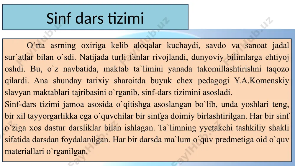 ar ko`lami, shakllantiriladigan ko`nikma va malakalarni oldindan aniqlab qo`yish. darsni tashkil eitshga oid ratsional ta`lim metodlarini interfaol usullarini tanlash, o`quvchilar faolligini rag`batlantirish,i ta`limga optimal tatbiq etish. darsga qo’yiladigan tarbiyaviy talablar 1.darsda o`rganiladigan o`quv materiallari bo`yicha tarbiyaviy xulosalar chiqarish. 3.bolalarda o`qishga oid motivlarni uyg`otish, bilish, o`qish o`rganishga havas ishtiyoq qiziqishni shakllantirish 4.dars jarayonida pedagogik takt qoidalariga rioya qilish. 2.nazariy bilimlar asosida ilmiy dunyoqarashni rivojlantirish. darsga qo`yiladigan tashkiliy talablar jumlasiga quyidagilar kiradi: 1.dars uchun puxta yo`nalgan konspekt yoki reja tuzish. 2.darsning logikasiga (dars bosqichlarining o`zaro bog`liqligi darsda amalga oshiriladigan ishlar, o`quv topshiriqlarining o`zaro aloqadorligiga rioya qilish). 3.dars tempini o`quvchilarning tayyorgarligiga moslashtirish. 4.dars uchun ajratilgan vaqtdan ratsional foydalanish. 5.darsda ongli intizomni tashkil etish. ta`limning maktab doirasida o`tkaziladigan shakllari. ta`limning maktab doirasida o`tkaziladigan turlari qatoriga sinf-dars mashg`ulotlari, laboratoriya ishlari, ishlab chiqarish ustaxonalarida ishlash, to`garak mashg`ulotlari, fakul`tativlar, o`quv anjumanlari, sinov va imtihonlar, konsultatsiyalar, qo`shimcha mashg`ulotlar, seminar mashg`ulotlari kiradi. sinf-dars mashg`ulotlari hozirgi o`quv yurtlarida, o`rta maktab, …