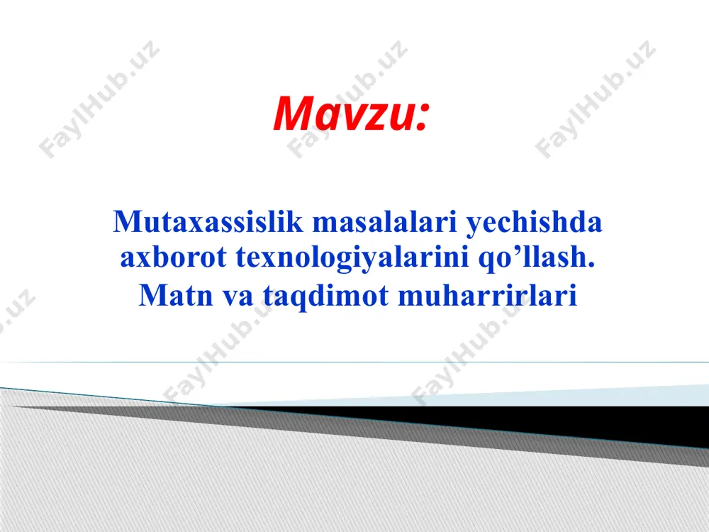 cе word dasturi; 2. microsoft officе excel dasturi; 3. microsoft officе powerpoint dasturi; 4. microsoft officе access dasturi. ms officе paketidagi amaliy dasturlar quyidagi imkoniyatlarga ega: matnli hujjatlarni yaratish va qayta ishlash. мa’lumotlar hisob-kitobi va tahlili. grafik, prezentatsiya va rasmlarni hosil qilish va tahrirlash. katta hajmdagi va turli sohaga tegishli axborotlar uchun ma’lumotlar bazasini yaratish va uni qayta ishlash. foydalanuvchilarning shaxsiy аxborot tizimlarini yaratish va hakozalar. ms officе amaliy dasturlari va ularning asosiy vazifalari ms wordda ham asosiy menyular, vositalar paneli, ish oynasi, xolat qatori bor. ms word dasturi matn muharriri, unda matnlar ustida ishlasn mumkin. ms wordda jadvalli ma’lumolarni yaratish mumkin. yaratgan matnga har xil rasmlarni ornatish mumkin. ms wordda bir nechta hujjtni bir–biriga qo’shish mumkin. ms word dasturi to’ g’risida nimani bilasiz? microsoft word eng mashhur matnlar ustida ishlash dasturiy ta’minot ilovasidir. matnlar ustida ishlash dasturiy ta’minoti matnli fayllarni yaratish, o’zgartirish, formatlash, nashr qilish va saqlash uchun xizmat …