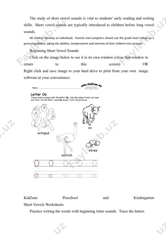 ' early reading and writing skills. short vowel sounds are typically introduced to children before long vowel sounds. all children develop as individuals. parents and caregivers should use the grade level ratings as a general guideline, taking the abilities, temperament and interests of their children into account. beginning short vowel sounds click on the image below to see it in its own window (close that window to return to this screen) or right click and save image to your hard drive to print from your own image software at your convenience. kidzone preschool and kindergarten short vowels worksheets practice writing the words with beginning letter sounds. trace the letters. click on the image below to see it in its own window (close that window to return to this screen) or right click and save image to your hard drive to print from your own image software at your convenience. short …