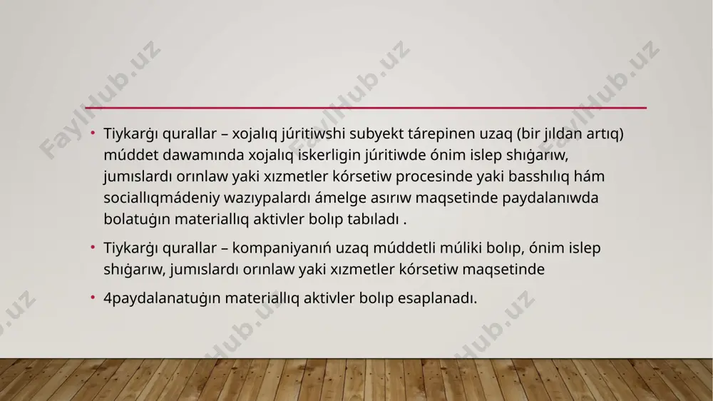 slı qaplanbaytuġın salıqlar; -aktivti, onnan isbilermenlik subyektiniń basshılıġı tárepinen gózlengen halda, paydalanıw ushın zárúr bolġan orın hám jaġdayına alıp keliw menen baylanıslı tuwrı qárejetler. -tiykarġı qural obyektin demontaj qılıw hám alıp taslaw hám de ol jaylasqan orındaġı tábiyġıy resurslardı qayta tiklew qárejetleriniń baslanġısh bahası. isbilermenlik subyekti tiykarġı qural satıp alınġan waqıtta yaki onnan belgili dáwir dawamında tovar-materiallıq bahalıqlardı óndiris penen baylanıslı bolmaġan maqsetlerde paydalanıw aqıbetinde bul qárejetler boyınsha minnetlemeni óz juwapkershiligine aladı. tiykarġı qurallardı esapqa alıwshı schyotlar satıp alıw menen baylanıslı qárejetlerge tómendegiler kiredi: - tiykarġı qurallar obyektine tiyisli huqıqtı satıp alıw (alıw) qatnası menen ámelge asırılġan dizimnen ótkeriw jıyımları, mámleket bajıları hám basqa usıġan uqsas tólemler; - bajı tólemleri hám jıyımları; - tiykarġı qurallar obyektlerin alıw (qurıw) qatnası menen salıqlar hám jıyımlar summaları (eger olar qaplanbasa); - tiykarġı qurallardıń obyektlerin alıw (qurıw) menen baylanıslı maġlıwmat hám másláhát xızmetleri ushın tólengen summalar; - tiykarġı qurallardıń obyektlerin jetkerip beriw (qurıw) qáwpin …