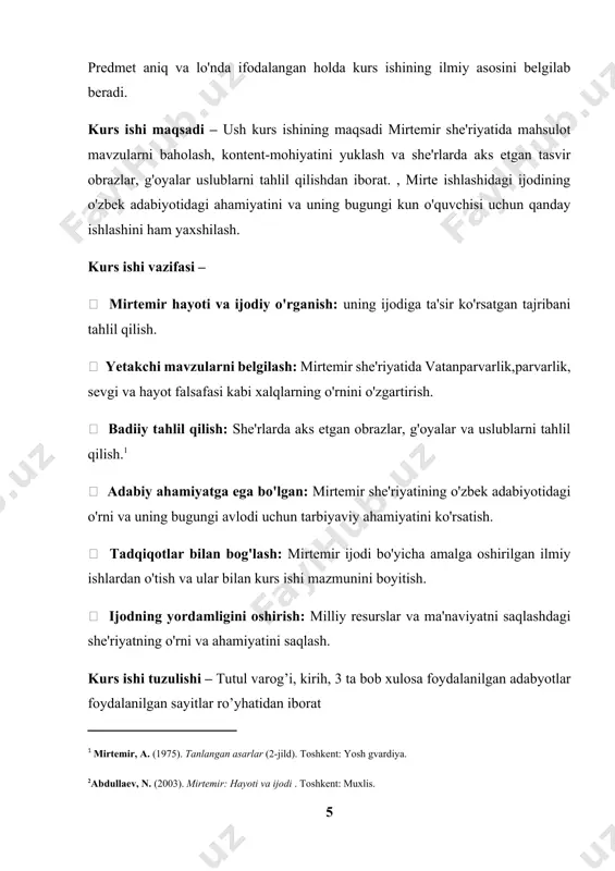 di. misollar: mirtemirning tekshirish misralari vatanni chin yurakdan sevish va uni himoya qilish zaruriyatini ifodalaydi: "bu zamin – mening ona diyorim, g'ururim, baxtim va hayotim zamin". mirtemirning she'rlari milliy vatanga muhabbatni ulug'laydi, balki o'quvchini uning ma'naviy qadriyatlarini anglashga ham undaydi. shu tufayli uning vatandagi ijodi ham diqqatga sazovordir va o'qimishlidir. 1.2 o'zbekiston tabiatini ulug'lash she'rlari mirtemir she'riyatida o'zbekiston tabiatining ulug'lanishi alohida o'rin tutadi. shoirning she'rlari o'zbek diyorining betakror go'zalligini, tabiiy boyliklarini va ularga bo'lgan mehr-muhabbatni ifodalashda juda hissiyotli va samimiydir. uning asarlarida tog'lar, dashtlar, daryolar, bog'lar va tabiatning boshqa undovlari vatanning ramzi sifatida tasvirlanadi. mirtemir o'z she'rlarida o'zbekistonning boy va xilma-xil tabiatini tabiiy badiiy, balki falsafiy ma'noda ham ulug'laydi. tabiat hech qanday inson hayoti va uning his-tuyg'ulariga bog'liq holda tasvirlanib, ularning vatanning ajralmas qismi sifatida ko'rinishi. tabiat obrazlari: shoirning she'rlari tog'larning ulug'vorligini, dashtlarning cheksizligini va daryolarning hayotbaxshligini tasvirlash orqali o'quvchiga o'zbekistonning tabiiy boyliklari bilan faxrlanish hissini uyg'otadi. misol uchun, uning …