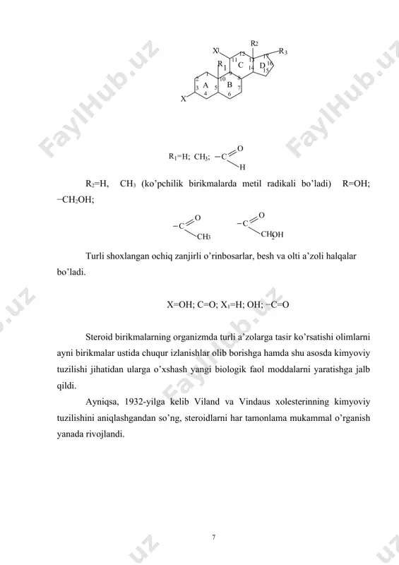 kin. 3α-steroid a/b-konfiguratsiya 3β-steroida/b-trans konfiguratsiya shaklida shaklida bu yerda, konfiguratsiyalarning farqini ko’rsatish maqsadida 3 holatdagi uglerod atomi bilan gidroksil o’rtasidagi bog’lanishni α-konfiguratsiyani punkter bilan, β-konfiguratsiyasi bog’lanishini esa oddiy chiziq bilan ko’rsatilgan. anabolik stеroidlar - oqsillar sintеzini kuchaytirish xususiyatiga ega. natijada skеlеt mushaklari, ichki a'zolar, suyak to`qimasining vazni oshadi. tananing umumiy vazni ko`payadi. tanadan azot, fosfor va kaltsiyning ajralishi sеkinlashadi. barcha tabiiy steroidlar optik faol modda bo’lib, ularning ba’zilari 8 tagacha assimetrik uglerod saqlaydi hamda 256 sterioizomer shaklida uchrashi mumkin. 1.2. siklogeksanoletilengidrin qator birikmalar kishi organizmida raxit kasalligining kelib chiqish sabablarini o’rganish va uning oldini olish hamda davolash borasida olimlarning keng doirada olib borgan ilmiy izlanishlari o’simlik va hayvon moylarida (kunjut, kungaboqar, paxta, baliq va boshqa moylar) ul’trabinafsha nurlar ta’sirida raxitga qarshi xususyat paydo bo’lishini aniqlashga olib keladi. keyinchalik yana shu narsa ma`lum bo’ldiki, raxitga qarshi ta’sir o’simlik moylarining o’zida emas, balki ular tarkibidagi siklopentanofenantren tuzilishi ergosterin moddasining nurlar ta’sirida shu …