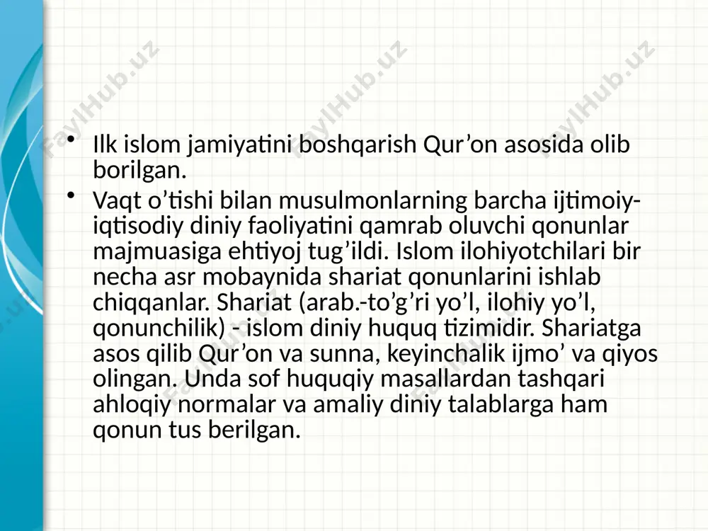 алее. 2 1) islomdagi asosiy yo’nalishlar. islomda dastlab yuz bergan ixtilolar natijasida diniy ta’limot, marosimchilik, ahloqiy-huquqiy normalarga oid bir qator masalalarda bir-biridan farq qiladigan uch asosiy yo’nalish vujudga kelgan: - sunniylik, shialik va xorijiylar. sunniylik (arab. sunna— odat, an’ana, xatti-harakat tarzi) islom dinidagi 2 asosiy yo’nalishdan biri va eng keng tarqalgani. jahondagi barcha musulmonlarning taxminan 90 % i sunniylikka mansub. это другой параметр для обзорных слайдов, использующих переходы. 3 sunniylikda to’rtta diniy-huquqiy mazhab (hanafiylik, molikiylik, shofi’iylik, hanbaliylik) mavjud. sunniylik islomda an’anaviy e’tiqod yo’li deb e’tirof etilib kelgan. shialik (arab.-guruh, tarafdorlar) – o’zining tarqalishi va ijtimoiy-siyosiy mohiyati bilan sunniylikdan keyin ikkinchi o’rinda turadi. hozir jahonda musulmonlarning 8 % shialikka mansub hisoblanadi. shialik vii asr o’rtalarida xalifa ali hokimiyati tarafdorlaridan iborat siyosiy guruh sifatida vujudga kelgan. vii asr oxirlariga kelib iroq va eronda keng tarqalgan va islomdagi mustaqil diniy yo’nalishga aylangan. 4 xorijiylar (arab. - ajralib chiqqan, isyonchi) - islomdagi ilk oqim …