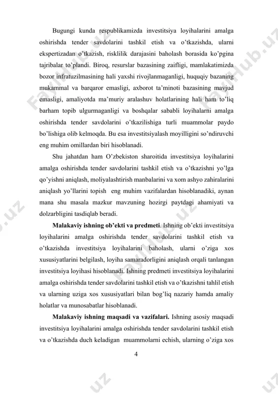 o’rganish; · investitsiya loyihalarini amalga oshirishda tender savdolarini tashkil etish va o’tkazishda risklarni keltirib chiqaruvchi omillar tahlilini bajarish; · respublikamizda investitsiya loyihalarini amalga oshirishda tender savdolarini tashkil etish va o’tkazish bosqichlari borasidagi asosiy muammolarning mohiyatini ochib berish; · investitsiya loyihalarini amalga oshirishda tender savdolarini tashkil etish va o’tkazishning o’ziga xos xususiyatlarini o’rganish yuzasidan ilmiy asoslangan amaliy takliflar va tavsiyalarni ishlab chiqish. mavzuning nazariy-amaliy ahamiyati. malakaviy ish natijalari, ilmiy taklif va amaliy tavsiyalaridan mamlakatimizda investitsiya loyihalarini amalga oshirishda tender savdolarini tashkil etish va o’tkazishning o’rni va rolini oshirish bo’yicha chora-tadbirlar tizimini ishlab chiqishda foydalanish mumkin. mavzuning amaliy ahamiyati ishda keltirilgan ilmiy taklif va amaliy tavsiyalardan investitsiya loyihalarini amalga oshirishda tendar savdolarini tashkil etish va o’tkazishda foydalanish mumkinligi bilan belgilanadi. bitiruv malakaviy ishning tarkibiy tuzilishi. bitiruv malakaviy ishi kirish, uchta bob, xulosa hamda foydalanilgan adabiyotlar ro’yxatidan tarkib topgan. malakaviy ishning hajmi 60 betdan iborat bo’lib, 7 ta jadval va 7 ta rasmni …