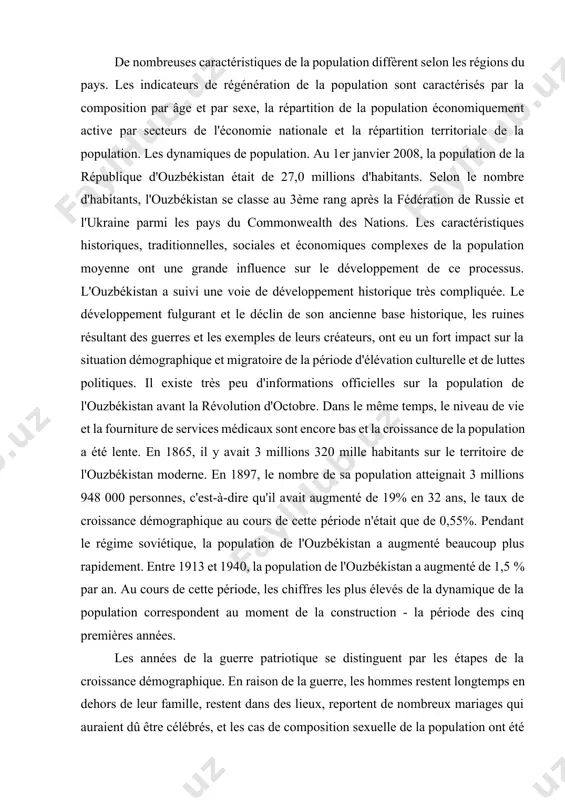 de la population correspondent au moment de la construction - la période des cinq premières années. les années de la guerre patriotique se distinguent par les étapes de la croissance démographique. en raison de la guerre, les hommes restent longtemps en dehors de leur famille, restent dans des lieux, reportent de nombreux mariages qui auraient dû être célébrés, et les cas de composition sexuelle de la population ont été perturbés non seulement pendant les années de guerre, mais aussi pour de nombreuses années après cela. influe sur la structure démographique. au cours des années de guerre, de profondes interruptions de la dynamique démographique ont été observées, mais au cours des années suivantes, comme le reconnaissent officiellement les statistiques démographiques, la population de l'ouzbékistan a augmenté relativement rapidement en raison de l'activité démographique de la période de reconstitution de la population. en 1940-1959, la croissance démographique annuelle était de 1,1 %. …