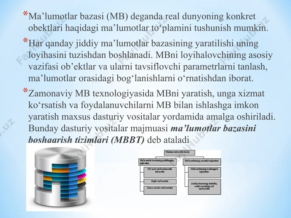 ma’lumotlar bazasidan jadvallar asosida foydalanish va tahlil qilish uchun yaroqli holda hisobot tuzish mumkin. makrosi (makroslar)- makro buyrug‘lar to‘plami. qandaydir amallar ma’lumotlar bazasi ustida takroran ko‘p qo‘llaniladigan bo‘lsa, bu amallarni bajarish uchun qo‘llaniladigan buyruqlarni bitta makros tarkibiga kiritish va makrosni bajarish uchun biror tugmachani belgilash mumkin. moduli (modullar)- visual basic tilida yozilgan dasturlar. foydalanuvchi access dasturining standart vositalari etarli emas deb hisoblaydiganlar uchun kerakli modullar tuzish bilan dastur imkoniyatini oshirish mumkin. maydonlar quyidagi xarakteristikalari bilan aniqlanadi: maydon nomi, tipi va maydon o‘lchami. maydon nomiga quyidagi shartlar qo‘yiladi. - maydon nomi 64 ta simvoldan ortmasligi kerak; - maydon nomi harflar, raqamlar, probel va maxsus belgilardan iborat; - maydon nomi probeldan boshlanmaydi; - har bir maydon nomi aniq bo‘lishi kerak. jadval tarkibini tuzish uchun «tablitsi» ob’ekti tanlanadi va «sozdat» tugmachasi bosiladi. ekranda «novaya tablitsa» muloqat oynasi paydo bo‘ladi (konstruktor, master tablits, import tablits va svyaz s tablitsami) ko‘p xollarda mb da saqlanayotgan …
