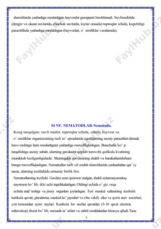 va sezgi organlari soddalash gan .nerv halqasi (nerv galogenlaridan tashkil topgan bo’ lib qizil o’ ngachning oldingi qismini o’ rab turadi) xalqadan bosh tomonga qarab 6 ta nerv tolasi ketadi, ya’ ni og’ iz, lablar va boshqa organlarning faoliyatini boshqaradi. xalqadan gavdaning orqauchiga tomon ham 6ta nerv tolalari ketadi, lekin ularning ikkitasi yirik va yo’ g’ on. bularbir birlari bilan komessuralar yordamida tutashgan. nerv sistemasi organism faoliyatini boshqaradi.jinsiy organlari sistemasi .nemagodlarning juda kunichilik turlari ayrim jinsli. erkak vaurg’ ochi jinslar bir birlaridan katta-kichikligi,morfoanotomik tuzilishlariga ko’ rafarqlanadi ,ya’ ni 6 jinsiy demorfizm yaxshi ko’ riladi.odatda urg’ ochilari yirik ( nasil berish bilan bog’ liq)va yug’ on, erkaklari esa kichikroq va ingichka ko’ rinishda bo’ ladi. jinsiy organlarning tuzilishi. erkaklarida bitta urug’ don urug’ yg’ li va jinsiy qg’ shilish organi ( spikula – xitinsimon )hamda (ba’ zilarida)bursa va uning elimentlaridan iborat .urg’ chilaridan;ikkita tuximdon ,tuxum yo’ llari,bachadonlar ,kin va jinsiy teshikdan …