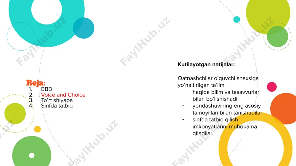 lgan? 7 o’quvchilar o’zini o’zi baholashi 8 o’quvchilarga uy vazifasini o’zlari tanlash imkoniyati berilishi 9 o’qituvchi intizomni nazorat qilib, jazo turlarini belgilaydi 10 o’quvchilar sinf qoidalarini ishlab chiqadilar va birgalikda intizomni nazorat qiladilar 11 o’qituvchi bir dars reja bo’yicha barcha guruhlarda bir hil dars o’tadi 12 o’qituvchi kim javob berishini qaror qiladi. 11 guruhlarga bo’lishda i+1; continuum image1.png image2.png image3.png image4.png image5.png image6.png image7.png image8.png image9.png