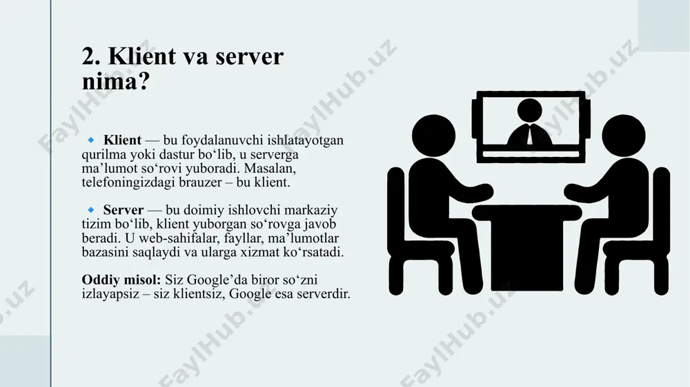 alar (masalan, telegram) bank tizimlari onlayn ta’lim platformalari ko‘p foydalanuvchili o‘yinlar 9 9. real hayotdan misollar google – foydalanuvchi izlash so‘rovini brauzer orqali yuboradi. google serverlari ushbu so‘rovni qayta ishlaydi va natijalarni qaytaradi. youtube – foydalanuvchi video tanlaydi → so‘rov serverga boradi → video serverdan yuklab olinadi va foydalanuvchi ekranida ko‘rsatiladi. telegram / whatsapp – yuborilgan xabarlar oldin serverga boradi, so‘ngra boshqa foydalanuvchiga yetkaziladi. shu orqali tez va xavfsiz aloqa ta’minlanadi. online banking tizimlari – foydalanuvchi hisobini tekshiradi, pul o‘tkazadi. barcha ma’lumotlar server orqali boshqariladi va himoyalanadi. 10 10 10. xulosa klient-server texnologiyasi zamonaviy axborot tizimlarining asosidir. bu model orqali ma’lumotlar tez, ishonchli va markazlashgan tarzda uzatiladi. veb-saytlar, ilovalar, bank tizimlari va boshqa ko‘plab xizmatlar aynan shu texnologiyaga asoslanadi. uning afzalliklari: xavfsizlik, ko‘p foydalanuvchilik va ma’lumotlarni boshqarishning osonligi. har bir foydalanuvchi bevosita yoki bilvosita klient-server tizimlaridan foydalanadi. 11 11 thank you for attention 12 image1.png image2.svg image2.jpeg image3.png image5.svg /docprops/thumbnail.jpeg