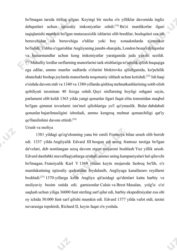 bular dabdabali qonunlar bajarilmasligini isbotladi, ammo kengroq mehnat qonunchiligi qat'iy qo'llanilishini davom ettirdi.[24] urush va moliya 1381 yildagi qo'zg'olonning yana bir omili frantsiya bilan urush olib borish edi. 1337 yilda angliyalik edvard iii bosgan edi uning frantsuz taxtiga bo'lgan da'volari, deb nomlangan uzoq davom etgan mojaroni boshlash yuz yillik urush. edvard dastlabki muvaffaqiyatlarga erishdi, ammo uning kampaniyalari hal qiluvchi bo'lmagan. fransiyalik karl v 1369 yildan keyin mojaroda faolroq bo'lib, o'z mamlakatining iqtisodiy qudratidan foydalanib, angliyaga kanallararo reydlarni boshladi.[25] 1370-yillarga kelib angliya qit'asidagi qo'shinlari katta harbiy va moliyaviy bosim ostida edi; garnizonlar calais va brest masalan, yolg'iz o'zi saqlash uchun yiliga 36000 funt sterling sarf qilar edi, harbiy ekspeditsiyalar esa olti oy ichida 50.000 funt sarf qilishi mumkin edi. edvard 1377 yilda vafot etdi, taxtni nevarasiga topshirdi, richard ii, keyin faqat o'n yoshda. ingliz askarlari qo'nishdi normandiya, v. 1380–1400 yillarda yuz yillik urush richard hukumati amakilari atrofida, eng ko'zga ko'ringanlari esa …