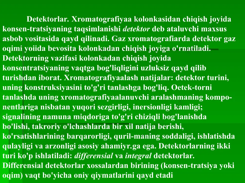 ir ko'rsatuvchi millivoltmetr va potensiometrdan foydalani-ladi. signalni qayd qilib, detektor signalini tashuvchi gaz hajmi v yoki uning sorbsion kolonkadan o'tish vaqti t ga bog'liqlik grafigi olinadi. bu grafik xromatogramma deyiladi (40-rasm). xromatogram-mada tahlil qilinayotgan namunaning har bir tarkibiy qismiga mos keluvchi cho'qqilar bo'ladi. xromatografik detektorlar: a - katarometr; b - ionizatsion detektor; d - elektron detektor; 1 - gaz oqimi; 2 - cho'g'langan sim; 3 - alanga; 4 - elektrodlar; 5 -(3-nur (elektronlar) tarqatuvchi manba. xromatogramma: a - tekshirilayotgan moddani asbobga kiritish; t - o'tish vaqti. suyuqlik-adsorbsion xromatografik tahlil usuli suyuqlik-adsorbsion xromatografiya ishlatiladigan asboblariga qarab ikki usulda: kolonkali va yupqa qatlamli usulda olib boriladi. ular ayrim xususiyatlari bilan bir-biridan keskin farqlanadi. suyuqlik xromatografiyaasi gaz xromatografiyasidagi kabi prinsip-larga asoslangan bo'lib, bunda tashuvchi gaz o'rniga kolonkadagi qo'zg'almas faza bilan aralashmaydigan suyuqlik oqimidan foyda­laniladi. xromatografik kolonkadagi suyuq tashuvchi oqimiga tekshi­riluvchi material namunasi kiritilganda moddalarning qo'zg'almas va harakatchan fazalar orasida qayta taqsimlanishi sodir bo'ladi …