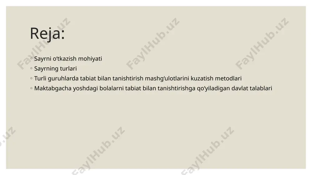 tadi. xullas, sayrning mohiyati – bu maktabgacha yoshdagi bolalarni tabiatga mehr qo‘ygan, sog‘lom, faol, bilimga chanqoq va ekologik madaniyatli shaxs qilib tarbiyalashdir. sayr turlari maktabgacha ta’lim tashkilotlarida sayrlar bolalarning yosh xususiyatlari, tarbiyaviy maqsadlar va ta’limiy vazifalarga qarab turlicha o‘tkaziladi. sayrlarning asosiy turlari quyidagilardan iborat: 1. tabiatga oid sayrlar bu sayrlar davomida bolalar o‘simliklar, hayvonlar, qushlar, hasharotlar, ob-havo hodisalari va fasllar bilan tanishtiriladi. masalan: daraxtlarning barg to‘kishini kuzatish, qushlarning uchishi yoki hayvonlarning odatlarini o‘rganish. 2. mehnat sayrlari bu sayrlar bolalarni kichik mehnat faoliyatiga jalb qilish maqsadida o‘tkaziladi. masalan: gullarga suv quyish, daraxt ko‘chatlarini parvarish qilish, hovlini yig‘ishtirish yoki bog‘dorchilik ishlarida qatnashish. bunday sayrlar bolalarda mehnatsevarlik va mas’uliyat hissini uyg‘otadi. 3. madaniy-ma’rifiy sayrlar bu turdagi sayrlarda bolalar maktabgacha ta’lim tashkiloti atrofi, mahalladagi bog‘ va xiyobonlar, tarixiy joylar, haykallar bilan tanishtiriladi. bu esa ularning dunyoqarashini kengaytiradi, vatanga mehr va hurmat tuyg‘usini shakllantiradi. 4. dam olish va o‘yin sayrlari bolalarning sog‘lomlashtirish va hordiq chiqarishlari …