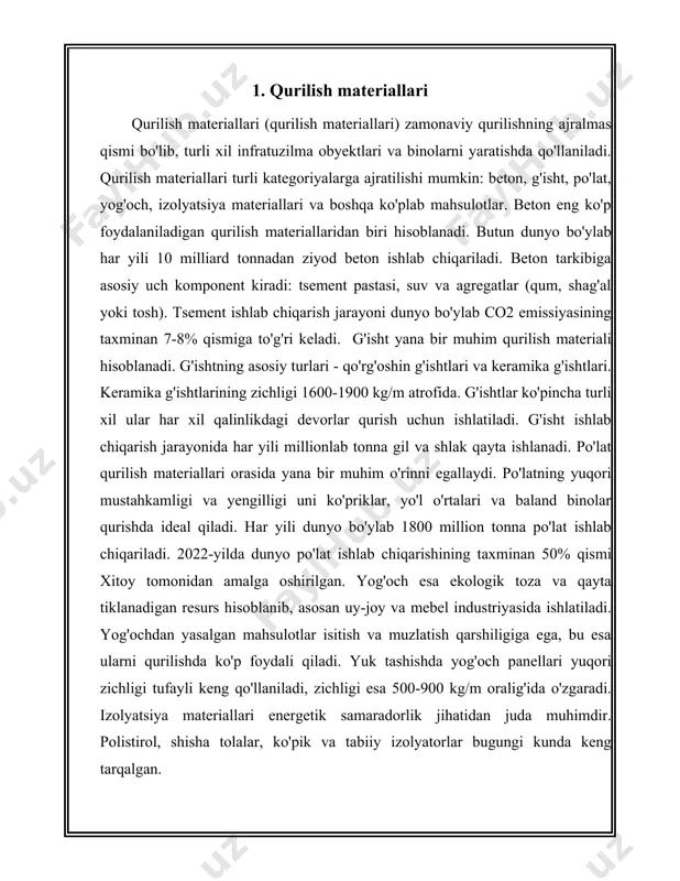 uqurlik poydevori: bu turdagi poydevor odatda yirik binolar uchun ishlatiladi. u yer ostiga chuqur ornatiladi va yukni keng maydonga taqsimlaydi. - tezlik poydevori: eng kop ishlatiladigan turi. to'g'ridan-to'g'ri yer ustiga ornatiladi va kichik va orta olchamli binolar uchun javob beradi. 2. devordor: devorlar binoni shakllantiruvchi asosiy elementlar bolib, ular tashqi va ichki makonni ajratadi. devorlarning turlari quyidagilardir: - kotargich devorlar: binoning ogirligini tashiydigan devorlar. - boluvchi devorlar: ichki makonni zonalarga boluvchi, lekin yuk tashimaydigan devorlar. - parapet devorlar: tom konstruktsiyasini uzaytirish uchun ishlatiladi, xavfsizlik va shamolga chidamlilikni taminlaydi. 3. pol: pol binoning ichki qismini tashkil etadi va odamlar yurishi uchun asos boladi. polning turlari: - yogoch pol: ananaviy va engil, ammo namlikka chidamsiz. - temir-beton pol: bardoshli va yuklarga chidamli, zamonaviy binolar uchun keng qollaniladi. - keramik plitka: govak tarkibga ega bolgan materiallardan foydalaniladi va asosan hojatxona va hammomlarda ishlatiladi. 4. tom: tom binoni yuqori qismini yopuvchi qatlam bolib, ob-havo …