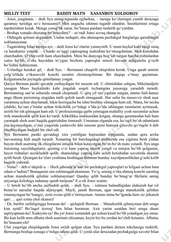 m. shifokor ketgandan keyin syu xonasiga kirib ketdi. u yerda yig‘layverganidan yaponcha dastro‘molini ham ho‘l qilib yubordi. so‘ngra u qaddini tutib, qo‘lida molbert bilan regtaym chalgancha jonsining xonasiga kirib keldi. jonsi ko‘rpaning tagida bilinar-bilinmas yotar, ko‘zlari esa deraza tomon qadalgandi. syu jonsini uxlab qolgan deb o‘ylab hushtak chalishni bas qildi. u tezda molbertni hozirladi va oynomadagi bir hikoya uchun siyohda rasm chizishni boshladi. yosh rassomlar katta sanʼatga ilk qadamlarini oynomalarda bosiladigan hikoyalar uchun suratlar chizish bilan qo‘yishadi, o‘z navbatida bunday hikoyalar orqali yosh yozuvchilar adabiyot olamiga kirib kelishadi. syu monokl taqqan bashang kiyimdagi aydaholik chavandoz yigit suratini chizayotgan vaqtda qulog‘iga shivirlagan bir ovoz eshitildi, so‘ngra bu ovoz bir necha bor takrorlandi. u darhol jonsining yotog‘i tomon shoshdi. jonsining ko‘zlari katta ochiq edi. u nigohini derazadan tashqariga qadagan ko‘yi sanardi – teskari tartibda sanardi. – o‘n ikki, – dedi u va sal o‘tmay: – o‘n bir, so‘ngra – o‘n, to‘qqiz, undan …