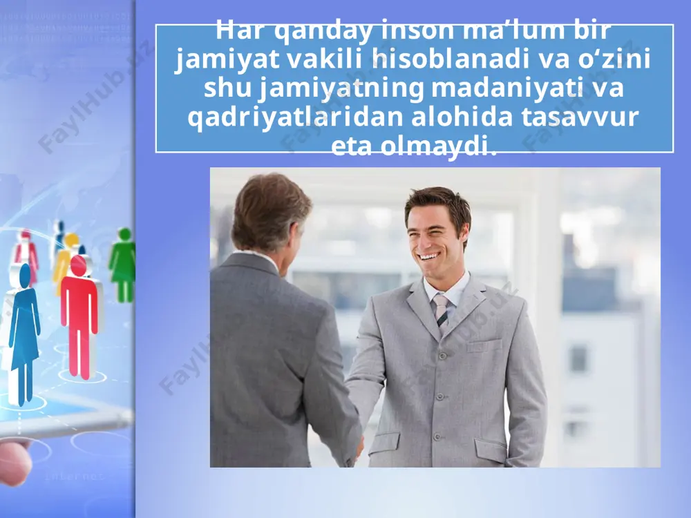 i. jaloliddin rumiy aytganidek: «oqil do‘sti bo‘lgan kishining ko‘zguga ehtiyoji yo‘q». chunki haqiqiy do‘st oynadek kishining nuqson-u kamchiliklarini yuziga aytib, uni yomon odatlardan qaytarib turadi. jaloliddin rumiy savol va topshiriqlar: 1. muloqot madaniyati deganda nimani tushunasiz? 2. nima deb o‘ylaysiz? jamiyat madaniyatsiz va ma’naviy-axloqiy qadriyatlarsiz yashay oladimi? 3. o‘zaro munosabatlarga kirishning qanday qoidalari mavjud? 4. do‘stlashish madaniyati deganda nimani tushunasiz? do‘st tanlashda nimalarga e’tibor berish kerak? image2.jpeg image3.jpeg image4.jpeg image5.png image6.jpeg image7.jpeg image8.jpeg image9.jpeg image10.jpeg image11.jpeg image12.jpeg image13.jpeg image14.jpeg image1.jpeg 4zu3 team, diversity, geschaeftsleute, fotolia helping hand /docprops/thumbnail.jpeg