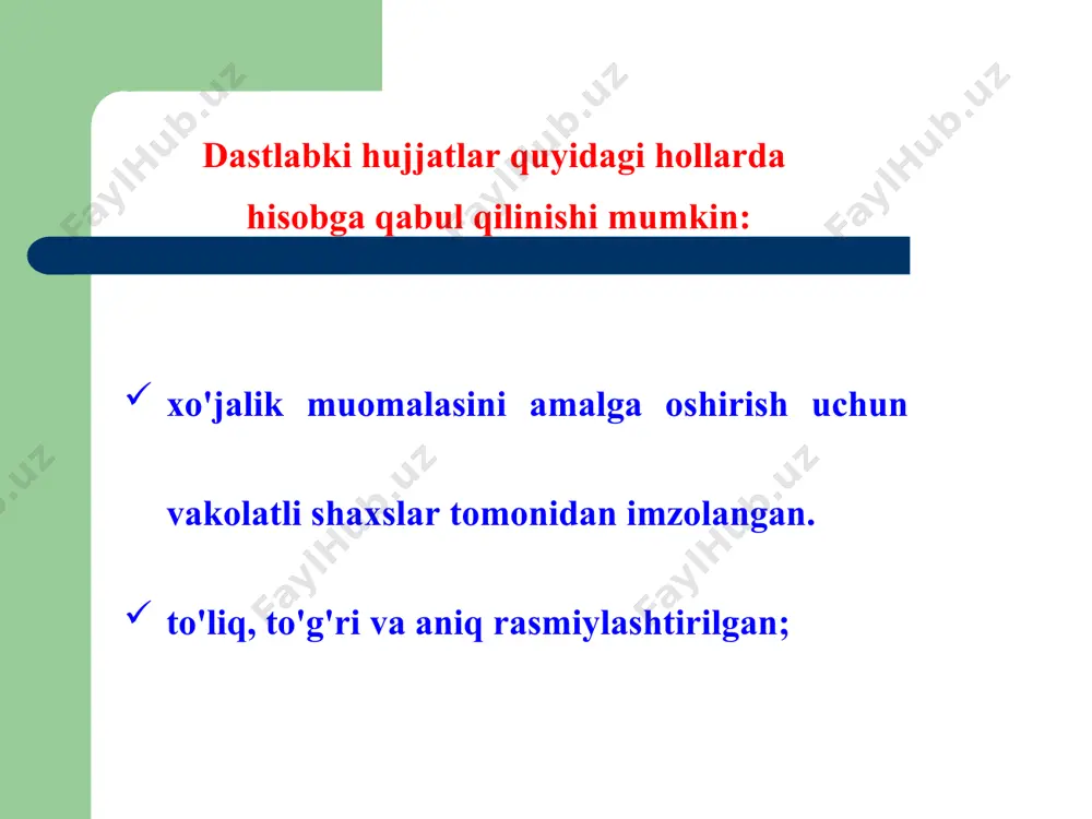 shaklan tekshirish – hujjatlarning to'g'ri rasmiylashtirilishi, barcha belgilangan rekvizitlarning to'lg'azilishi, xo'jalik muоmalasini amalga оshirish va hujjatlarni rasmiylashtirish uchun mas'ul shaxslarning imzоlari, xatоlarni tuzatish hоllarida izоhning mavjudligini tekshirish. arifmetik tekshiruv – jamlangan yig'indilarning to'g'riligi hamda miqdоr, sifat va summaviy ko'rsatkichlarining to'g'ri aks ettirilganligini aniqlash. qarama-qarshi tekshirish – bitta hujjatni bоshqasi bilan taqqоslab tekshirish. image1.jpeg image2.png image3.jpeg
