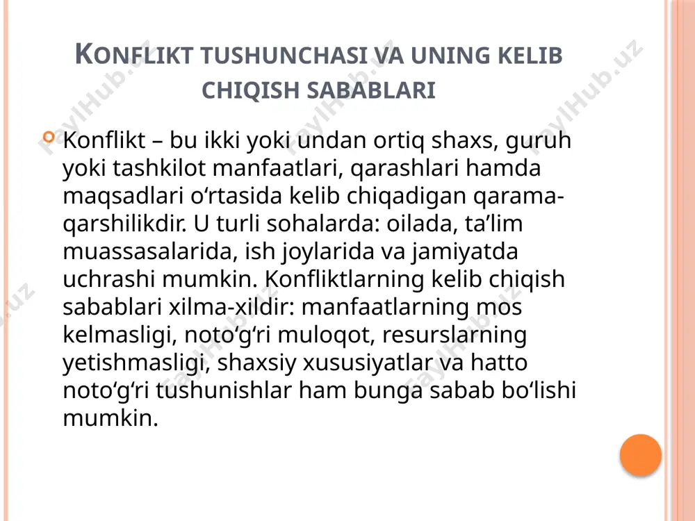 ar nafaqat konfliktni hal qiladi, balki ishonch, o‘zaro hurmat va jamoada barqarorlikni ta’minlashga ham xizmat qiladi. konfliktlarni boshqarishda mediator va uchinchi tomon ishtiroki ba’zida konflikt taraflari mustaqil ravishda kelishuvga erisha olmaydi. bunday hollarda mediator yoki uchinchi tomon ishtiroki zarur bo‘ladi. mediator – bu neytral shaxs bo‘lib, tomonlarga nizoni hal etishda yordam beradi. u vaziyatni tahlil qiladi, taraflarni tinglaydi va ularning o‘zaro kelishuvga erishishi uchun sharoit yaratadi. mediatorning vazifasi – muammoni kim haq yoki nohaqligini aniqlash emas, balki tomonlarning manfaatlarini uyg‘unlashtirishdir. masalan, mehnat jamoalarida ishchilar va rahbariyat o‘rtasida kelib chiqqan nizolarda kasaba uyushmasi vakillari mediator sifatida ishtirok etishi mumkin. uchinchi tomon ishtiroki konfliktni konstruktiv tarzda hal qilish imkonini beradi, chunki tashqi qarash ko‘proq xolislikni ta’minlaydi. mediatsiya usuli nafaqat mojaroni yumshatadi, balki kelajakda ham sog‘lom ijtimoiy munosabatlarni shakllantirishga yordam beradi. e'tiboringiz uchun rahmat!!!  image2.png image3.png image4.png /docprops/thumbnail.jpeg