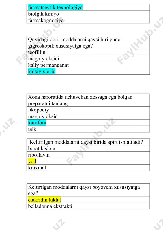 5 1 g ko�p holatlarda trituratlar tayyorlashda qanday yordamchi moddalardan foydalaniladi? qand barcha indifferent moddalar kraxmal sut qandi kamfora bilan tayyorlangan poroshoklar qanday kapsulalarga qadoqlanadi? mumlangan oddiy qog�oz pergament parafinlangan mumlangan kapsulalarga qanday poroshoklar qadoqlanadi? yod mentol belladonna ekstrakti fenil salitsilat pergament kapsulalarga qanday poroshoklar qadoqlanadi? to’zg’uvchi hidli sochiluvchi bo’yovchi og�irlik hajm konsentratsiyasi �bu modda og�irligini qaysi o�lchov birligida beriladi? eritmaning umumiy og�irligi g da eritmaning umumiy hajmini ml da tozalangan suvni umummiy hajmi 1 l eritma oddiy eritmalarni tayyorlashda umumiy hajmi hisobga olinmaydi, agar eritma konsentratsiyasi- 4 % 3 % 5 % s max murakkab eritmalarni tayyorlashda umumiy hajmi dori moddasining konsentratsiyasiga qaysi holatlarda bog�liq? 1% 3% dan ko�p 2% 3% dan kam agar retseptda erituvchi ko�rsatilmasa, qaysi erituvchi olinadi? glitserin 90% li spirt o�simlik moyi tozalangan suv qaysi suyuqliklar og�irlik bo�yicha dozalanadi? tozalangan suv, nastoyka, glitserin kungaboqar moyi, qand qiyomi, efir glitserin, kungaboqar moyi, qand qiyomi glitserin, qand …
