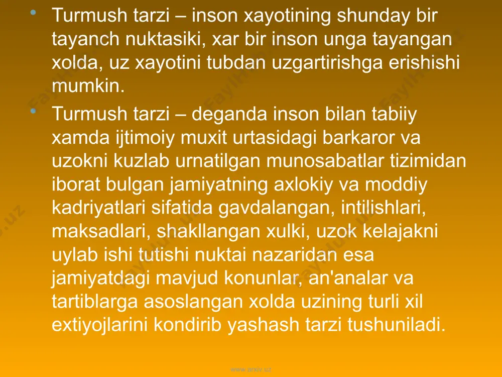 oy, yashash sharoitlari va ovkatlanish, kulayliklariga egaligi, ishdan konikishi, mulokotda bulishi kabilarni baxolash uchun kullaniladigan toifa xisoblanadi; www.arxiv.uz www.arxiv.uz ijtimoiy ruxiy tomoni «yashash uslubi» tarzida baxolanib, u xar bir shaxsning uziga xos xususiyatlari – fikrlashi va tafakkur doirasi kabilarni kamrab oladi; ijtimoiy – iktisodiy tomoni esa – odamlarning jamiyatda tutgan urni, xayoti, turmushi, madaniyati xamda ularning yashash faoliyatlarini bеlgilaydi. turmush tarzi dеganda – insonlarning muayyan ijtimoiy muxitda, jamiyatda uzini tutishi, ularning mеxnat faoliyati va moddiy sharoitlarining uzaro dialеktik munosabatlaridan iborat falsafiy katеgoriya tushuniladi. shunday kilib turmush tarzi – ijtimoiy – iktisodiy formatsiya va jamiyatning ob'еktiv rivojlanish jarayonlari bilan boglangan xolda shakllanib, u tarixiy rivojlanishning ma'lum boskichida ishlab chikarish usuliga boglik xolda paydo buladi. www.arxiv.uz www.arxiv.uz turmush tarzining boshka turlariga insonning turmushda, jamoachilik olidda uzini tuta bilishi, oilalarning moddiy jixatidan ta'minlanganligi, oila byudjеtidan foydalanish, uning taksimoti, shu jumladan: oila a'zolarining ozik – ovkat maxsulotlari bilan ta'minlanishi; uy joy va yashash sharoitini …
