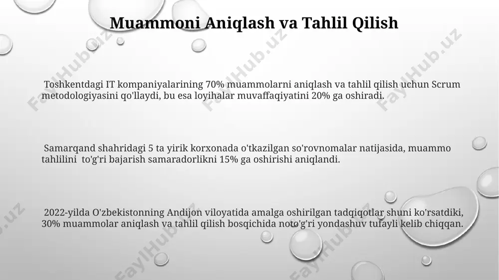 samaradorlik oshdi, bu 3000 ga yaqin aholiga ijobiy ta'sir ko'rsatdi. maqsad va vazifalarni belgilash loyiha boshlanishidan oldin aniq belgilangan 10 ta vazifa va asosiy maqsadga erishish uchun 2 bosqichli rejani qo‘llash samaradorlikni 25% ga oshiradi. toshkentdagi 7 ta yirik korxonaning tajribasi shuni ko‘rsatadiki, aniq maqsad va vazifalarni belgilab, ularni 5 ta ko‘rsatkich bilan o‘lchash loyiha natijalarini 15% yaxshilaydi. maqsad va vazifalarni aniq belgilamaslik 30% gacha loyiha muvaffaqiyatsizlikka olib kelishi mumkin, shuning uchun samarqanddagi 5 ta kompaniya tadqiqoti buni tasdiqladi. hisobot va dokumentatsiya 2023-yil toshkent shahrida o'tkazilgan hisobotlar va hujjatlarni tahlil qilish natijalariga ko'ra, 30% ga yaqin xatoliklar aniqlangan bo'lib, bu esa samaradorlikni pasaytiradi. andijon viloyati bo'yicha 100 dan ortiq korxonalarda o'tkazilgan so'rovnoma natijalariga ko'ra, hisobotlarni tayyorlashga sarflanadigan vaqtning 45%ini hujjatlarni qidirish va to'plash jarayoni egallaydi. samarqand viloyatidagi 5 ta yirik korxonaning hisobot va hujjatlashtirish tizimlarini solishtirish natijasida, eng yaxshi natijalarni avtomatlashtirilgan tizimlardan foydalangan korxona ko'rsatdi. reja tuzuvchi reja tuzuvchilar 2023-yilda …