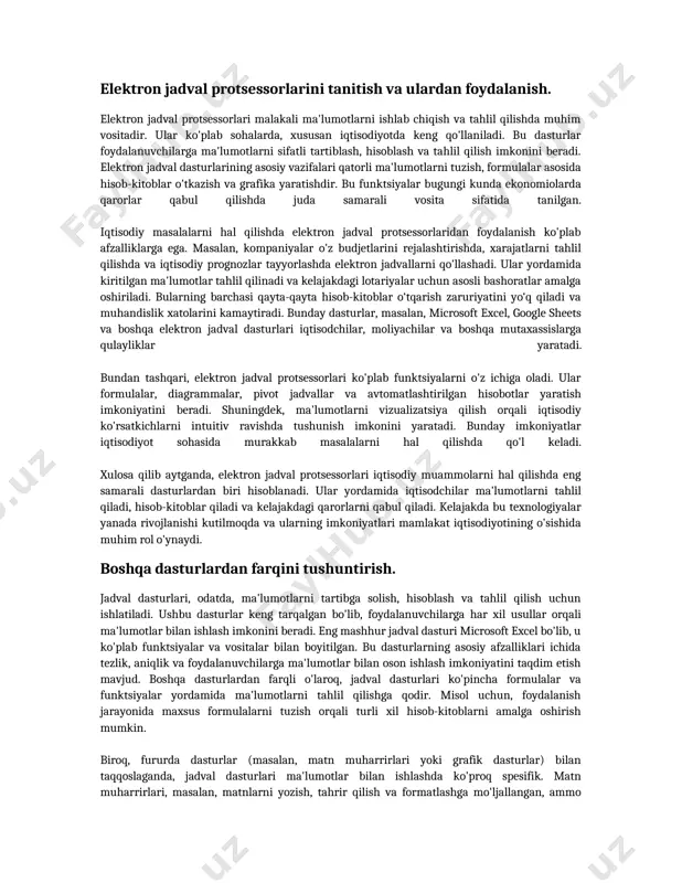 b konkret dasturlarni tanlaydilar. masalan, hisob-kitoblar va statistik tahlil haqida tushuncha talab qilgan paytlarda hayotiy ma'lumotlarni kiritishda turli jadval dasturlaridan foydalanish odatiy hol hisoblanadi. shuningdek, katta ma'lumotlar bilan ishlash uchun power bi kabi qo'shimcha vositalar bilan integratsiya qilish orqali ham jadval dasturlarining imkoniyatlarini yanada kengaytirish mumkin. xulosa qilib aytganda, jadval dasturlari o'zining ma'lumotlarni tahlil qilish va usullarga asoslangan xususiyatlari bilan boshqa dasturlardan farq qiladi. ushbu farqlarni to'g'ri anglash foydalanuvchilarga ma'lumotlarini yanada samarali boshqarishga yordam beradi. qisqa muddatli va uzoq muddatli rejalarni ko'rib chiqish. rejalashtirish tashkilotlarning muvaffaqiyatli faoliyatini ta'minlash uchun muhim jarayondir. qisqa muddatli rejalar, odatda, bir yil yoki undan kamroq vaqt oralig'ida amalga oshiriladigan maqsad va vazifalarni o'z ichiga oladi. bu rejalar ko'pincha o'zgaruvchan sharoitlarga tezda moslashishga yordam beradi. ular aniq maqsadlar qo'yishga, resurslarni samarali taqsimlashga va natijalarni tezda baholashga imkon beradi. qisqa muddatli rejalarda tezkor qarorlar qabul qilish, bozordagi o'zgarishlarga javob berish va kunlik vazifalarni bajarish juda muhimdir. misol …