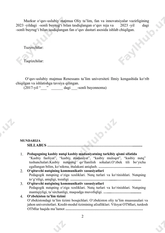 ari hozirgi o‘zbek adabiy tili me’yorlari tasnifi. fonetik, orfoepik, grafik, orfografik, leksik, so‘z yasash, grammatik, aksentologik, punktuatsion me’yorlar. ……….53 7. o‘zbek adabiy tili me’yorlari hozirgi o‘zbek adabiy tili me’yorlari tasnifi. fonetik, orfoepik, grafik, orfografik, leksik, so‘z yasash, grammatik, aksentologik, punktuatsion me’yorlar. ………. 8. uslubiy me’yorlar nutq uslublari. lingvistik uslubshunoslik. uslublarning fonetik, leksik-semantik, grammatik xususiyatlari. ……………………………………………............ 9. uslubiy me’yorlar nutq uslublari. lingvistik uslubshunoslik. uslublarning fonetik, leksik-semantik, grammatik xususiyatlari. …………………………………………………… 10. o‘zbek tili lahja va shevalari so‘zlashuv uslubi, uning fonetik, leksik, grammatik xususiyatlari. qarluq, o‘g‘uz va qipchoq lahjalari. o‘zbek tili lug‘atining shevalar hisobiga boyib borish jarayoni ………………………………………………………………….… 11. publitsistik uslub va uning xususiyatlari publitsistik uslubning leksik, grammatik xususiyatlari. davrimizning global muammolariga oid turli matnlar (maqolalar) ustida ishlash. ekologik muammolar haqida intervyu tayyorlash………………..................... 12. ommabop uslubning janrlari publitsistik uslub, uning qo‘llanilish sohalari, janrlari. maqola va uning turlari.“universitetim bilan faxrlanaman” mavzusi bo‘yicha suhbat. ta’lim maskani haqida taqdimot tayyorlash va o‘tkazish. ………………………..…………… 13. badiiy uslub …