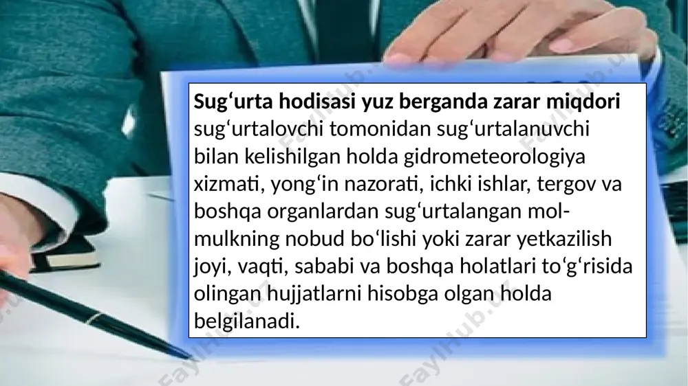 tkazilgan zarar dalillangan bo‘lishi kerak. sug‘urta himoyasi doirasiga kirishi hodisa sug‘urta qoplamasi doirasida keltirilgan xavflar ro‘yxatiga kiritilgan bo‘lishi lozim. sug‘urta qoplamasi chegarasi sug‘urtalovchi qoplash majburiyatini olayotgan zarar sug‘urta summasi doirasida amalga oshiriladi. mulk sug‘urtasi shartnomasini tuzish 1. sug‘urta xavfi to‘g‘risida ma’lumot yetkazish sug‘urtalanuvchi sug‘urtalovchini sug‘urta obyekti bilan bog‘liq xavf-xatarlar va boshqa muhim holatlar haqida xabardor qilishi shart. bu quyidagilarni o‘z ichiga oladi: mulkning aniq holati va qiymati. sug‘urta obyekti joylashgan hududda mavjud bo‘lgan tabiiy yoki texnogen xavflar (masalan, zilzila xavfi mavjudligi). sug‘urta obyektidan foydalanish maqsadi (masalan, ishlab chiqarish, tijorat, yashash uchun). mulkning texnik xususiyatlari (binoning materiali, kommunikatsiyalar holati va boshqalar). bu ma’lumotlar sug‘urta xavfini baholash va sug‘urta mukofoti miqdorini belgilash uchun asos bo‘lib xizmat qiladi. 2. sug‘urta shartnomasini tuzish to‘g‘risidagi ariza sug‘urtalanuvchi sug‘urtalovchiga yozma shaklda ariza beradi. arizada quyidagi ma’lumotlar ko‘rsatiladi: sug‘urtalanuvchining shaxsiy ma’lumotlari (yuridik shaxslar uchun tashkilot nomi va stir). sug‘urta obyektining tavsifi (joylashuvi, qiymati, foydalanish maqsadi). sug‘urta qilishni …
