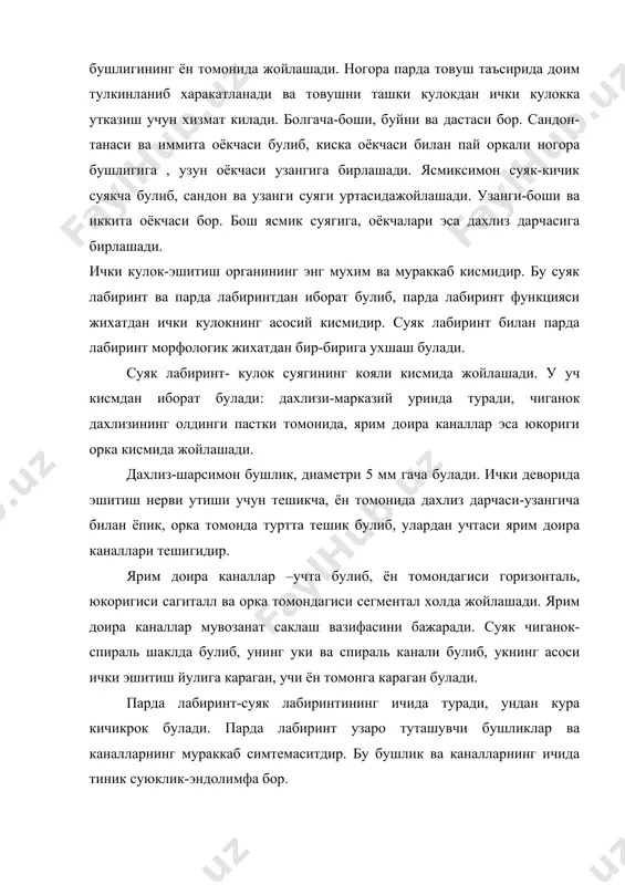 катаклари булади. бурун бушлиги калла суяги коваклари билан кушилиб кетади. бурун асосий, учки, ён ва юкориги уисмларга булинади. бурун-бурун бушлиги, буруннинг юкориги чиганоги, пастки чиганок, буруннинг юкориги йули, буруннинг урта йули, буруннинг пастки йули, буруннинг умумий йулидан иборат. тил-мускул орган булиб, огиз бушлигида жойлашади. тил озикнинг таъмини билиш учун хизмат килади. тилнинг устки томонида шилимшик пардадан бир канча сургич буртиб чикади, улар ипсимон, замбуругсимон, конуссимон, новсимон ва баргсимон булади. ипсимон ва конуссимон сургичлар механик вазифани бажарса, колганлари озикнинг таъмини билиш учун хизмат килади. ипсимонсургичлар-тилнинг бутун устки юзаси кисман ён томонда жойлашиб, жуда майда ва куп ухшаш булади. конуссимон сургичлар-тил илдизида жойлашади. замбуругсимон сургичлар тилнинг ипсимон сургичлари орасида жойлашади. новсимон сургичлар-тилнинг илдиз кисмида жойлашади, анча йирик булади. баргсимон сургичлар-анчагина кутарилган, яхши ривожланган, бир канча тарамларга булинган булади. 3. тери коплами-хайвонлар танасини ташки томондан ураб турадиган, мураккаб тузилган пардадир. организмни ташки мухит билан богланишида мухим роль уйнайди. организмни хар кандай ёт нарсалардан …