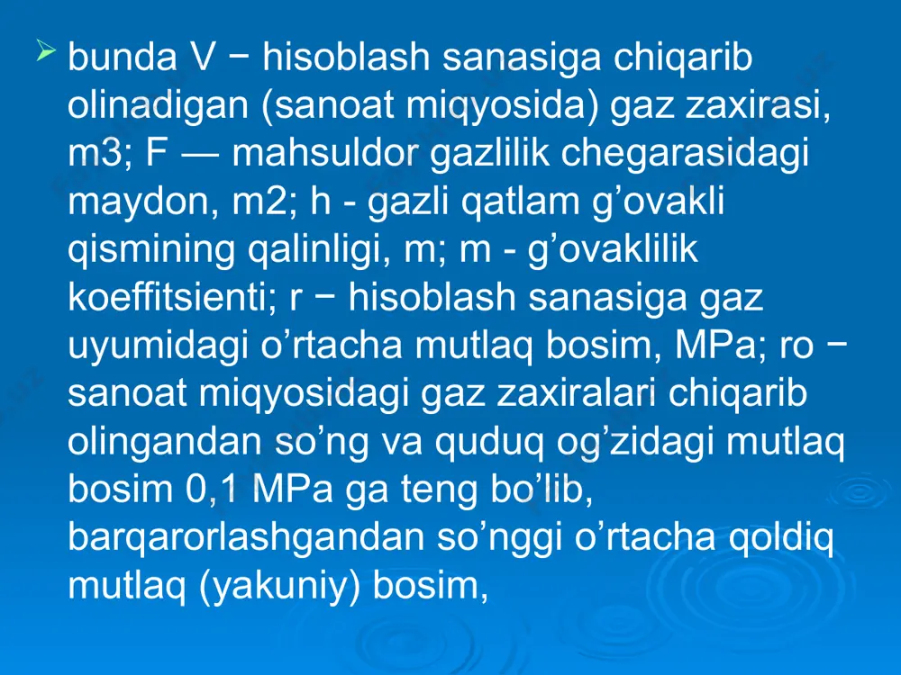lik 16% yaqin bo’ladi; zich qumtoshlarda esa u 25-50% chegarasida o’zgaradi; 4) gazli maydonning suvlangan qismidan olingan kernlarni o’rganish ma’lumotlari qoldiq gazga to’yinganlilik 16,7-21,8% atroflaridaligini ko’rsatdi. demak, gaz konlari (uyumlari)dagi gaz zaxiralarini hisoblashda gaz uyumining o’ziga xos geologik xususiyatlarini va gaz bera olish koeffitsientini hisobga olish zarurdir. image1.wmf oleobject1.bin image2.wmf oleobject2.bin image3.wmf oleobject3.bin image4.wmf oleobject4.bin image5.wmf oleobject5.bin image6.wmf oleobject6.bin
