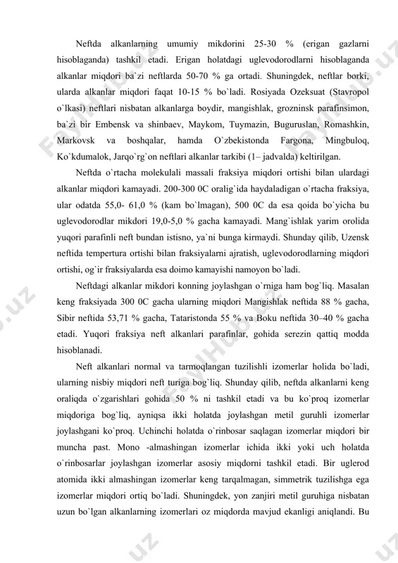 kangan) joylashgan. qator katta neft konlari meksikada (bormedus, nikomtanek) ochildi, ularda erigan gaz va gazokondensatni katta qo`ri mavjud. gaz sanoati xom ashyo bazasi yaratish 1950- yillarda ukraina, shimoliy kavkaz, o`zbekistondagi farg`ona konlari hisobiga gaz qazib chiqarish o`sib bordi. ukrainada shebelinsk, shimoliy stavropol`, o`zbekistonda gazli konlari kabi qator katta konlar ochildi. bu vaqtda g`arbiy sibir va yakutiyadagi birinchi dastlabki konlar ochildi. sharqiy sibirdagi urengoy koni tabiiy gazga boy kon hisoblanadi. bu gaz o`zida vodorod sulfid saqlamaydi, u asosida sharqiy sibir, g`arbiy evropa gaz quvuri magistralini tashkil etish taklif qilingan. neft tarkibidagi gazsimon alkanlar gazsimon alkanlar gazlar qazib olinadigan joyga bog`liq holda tabiiy, yo`ldosh va gazokondensat gazlarga bo`linadi. tabiiy gazlar toza gaz konidan qazib olinadi. ular asosan metan va oz miqdorda etan, propan, butanlar, pentanlar va azot, vodorod sulfid, azot (ii)– oksid gazlari aralashmasidan tashkil topgan ba`zi gaz konlaridagi aralashmalar tarkibi (jadvalda) keltirilgan. bu gazlar quruq gazlar guruhiga kiradi. metan miqdori asosan …