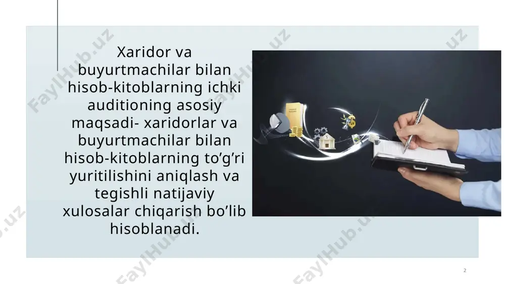 ni shartnomaga asosan olib kelinishi; debitorlik va kreditorlik qarzlarining paydo bo’lishi sabablari va sanasini aniqlash; muddati o’tgan qarzlarning mavjudligini tekshirish; mahsulotlar (ishlar, xizmatlar)ni sotishdan tushgan tushumdan qqsning to’langanligi; banklar bo’yicha qo’shilgan qiymat solig’ining to’langanligini tekshirish; banklar bo’yicha qo’shilgan qiymat solig’ining to’langanligini tekshirish; 6010-schyot bo’yicha buxgalteriya provodkalarining to’g’riligi va analitik hisoblarning to’g’ri yuritilishini tekshirish; ichki auditor tekshiruvi vaqtida quyidagilarni aniqlashi lozim: 6 6 7 bosh hisob-kitob va buxgalteriya balansidagi ko’rsatkichlar bilan jurnal orderlardagi analitik hisob ma’lumotlarning mos kelishini tekshirish; chet el valyutasida olingan bo’naklar hisobining to’g’riligini tekshirish; shartnomadagi narxlar bilan qabul qilingan tovar-moddiy boyliklar narxlarini tekshirish; kelib tushgan tovar-moddiy zaxiralar to’lovini tekshirish; hisoblanishlar bo’yicha inventerizatsiya natijalarini tekshirish. 7 mol yetkazib beruvchi va pudratchilar bilan bo’lgan hisoblashishlar hisobidagi odatdagi xatolar; mol yetkazib beruvchilar bilan shartnomalarning mavjud emasligi yoki ularni notogri rasmiylashtirilganligi; hujjatlarni qalbakilashtirish; hisobni tartibsiz yuritish; shartnomalar bo’yicha shikoyatlarni xato xujjatlashtirish va noto’g’ri taqdim qilish; 8 haqiqatga yaqin bo’lmagan debitorva kreditorlik qarzlari …