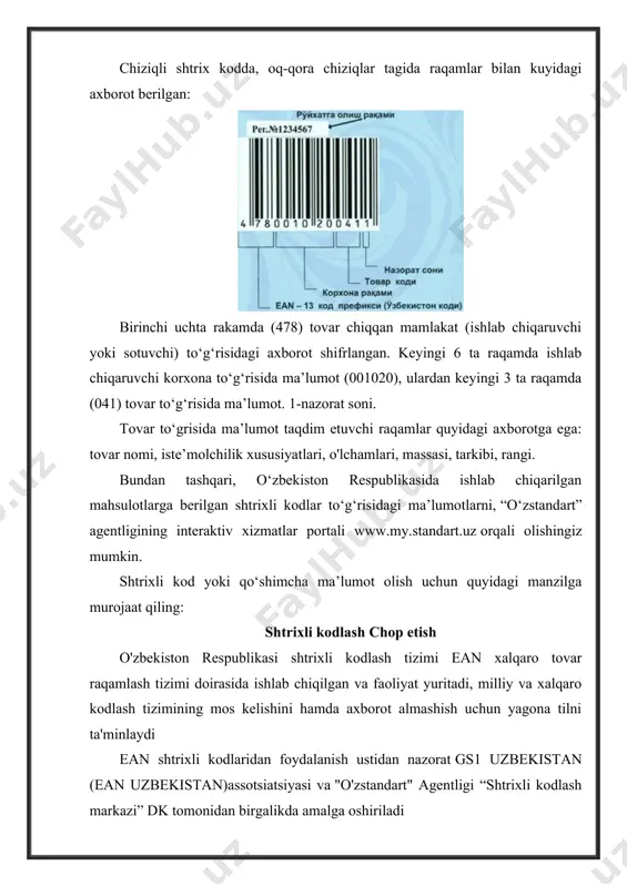 akovkalarda shtrixli kodlar verifikatsiyasi; · etiketka, upakovka va tovarda shtrixli kodlar bosilishining sifatini tekshirish; • o‘zbekiston respublikasida chiqarilgan mahsulotning shtrixli kodlarini davlat reestriga kiritish; · avtomatik tarzda identifikatsiyalash va shtrixli kodlash sohasidagi masalalar bo‘yicha seminar, yig'ilishlar o'tkazish; · shtrixli kodlash texnologiyalarini qo'llagan holda avtomatlashtirilgan tizimlarni loyihalashtirish va joriy qilish. firmaning o’zi yopishadigan etiketka va yorliqlar va turli tashuvchilarda shtrix kodlarning original-maketlarini tayyorlashga talabnoma davlat interaktiv xizmatlarining yagona portali va “shtrixli kodlash va axborot texnologiyalari markazii” dk sayti orqali interaktiv shaklda berilishi mumkin. image1.png image2.jpeg