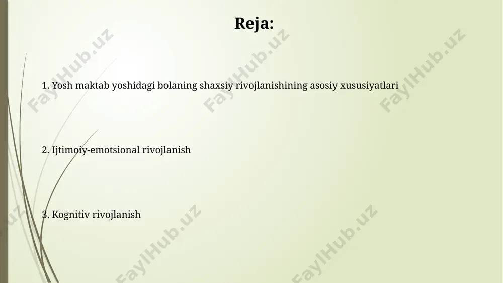 ik pozitsiyalari uchun raqobat kuzatiladi, bu esa taqlid qilish va qo'llab-quvvatlash mexanizmlarini shakllantiradi. oilaviy muhitning ta'siri oiladagi tez-tez janjallar va salbiy muhit bolaning hissiy-ruhiy holatiga salbiy ta'sir ko'rsatib, stress darajasini 40% ga ko'tarishi mumkin, xulq-atvor muammolariga olib kelishi mumkin. oilaviy muhitning iliq va qo'llab-quvvatlovchi munosabatlari, bolaning o'ziga ishonchini 20% ga oshirib, ijtimoiy moslashuvchanligini yaxshilaydi. maktab yoshidagi bolaning shaxsiy rivojlanishining asosiy xususiyatlari ushbu davrda bolaning intellektual rivojlanishi tezlashadi, fikrlash jarayonlari murakkablashadi va muammo yechish qobiliyatlari 8-10 yosh oralig'ida sezilarli darajada oshadi. maktab yoshidagi bolalar o'z tengdoshlari bilan munosabatlariga katta ahamiyat berishadi, guruhlarga qo'shilish va ijtimoiy rol o'ynash orqali o'z shaxsiyatini rivojlantiradi, bu esa 10-12 yoshda aniqroq namoyon bo'ladi. qiziqishlar va moyilliklarning rivojlanishi 8-10 yosh oraligʻida bolalarning qiziqishlari kengayadi, ular muayyan fanlarga, masalan, matematika yoki sanʼatga moyillik koʻrsatishi mumkin, bu ularning ijtimoiy-emotsional rivojlanishiga taʼsir qiladi. maktab yoshidagi bolalarda 5-7 yosh oraligʻida oʻziga xos qiziqishlar paydo boʻladi, bu davrda ularning kognitiv rivojlanishi bilan …